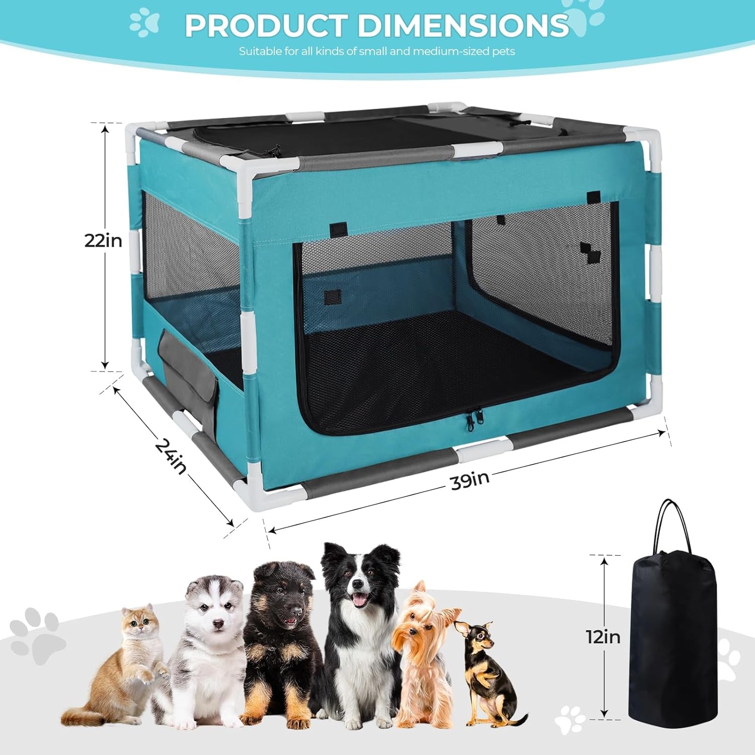 Dog Playpen with PVC Pipe Frame, Rectangular Fabric Mesh Dog Kennel for Indoor/Outdoor Use, Puppy Playpen,Portable Breathable Pet Play Pen for Small Animals,Aqua Blue