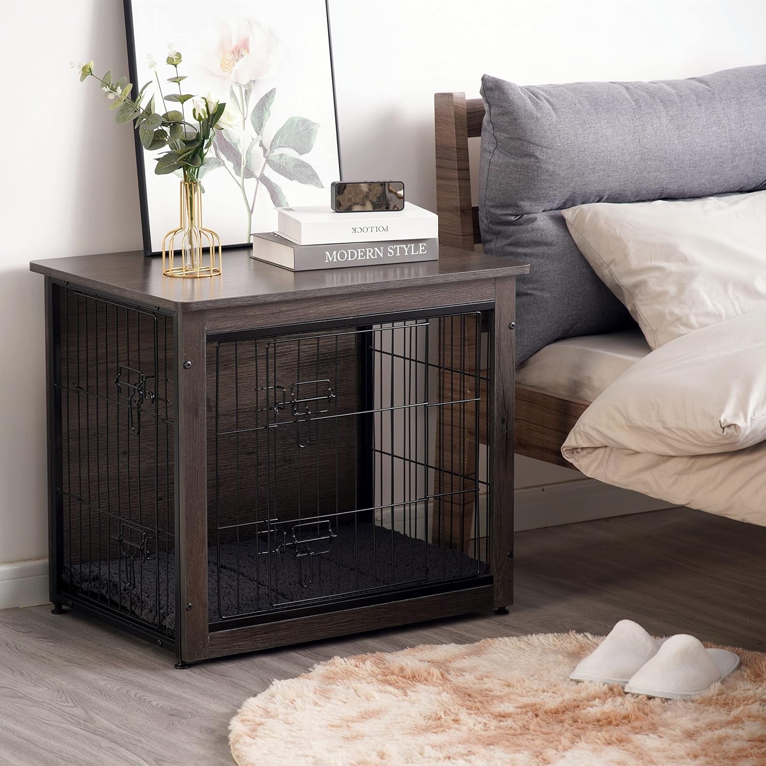 Dog Crate Furniture with Cushion, Wooden Crate with Double Doors, Dog Kennel Indoor for Small/Medium/Large Dog, End Table, Small, 27.2" L, Dark Grey