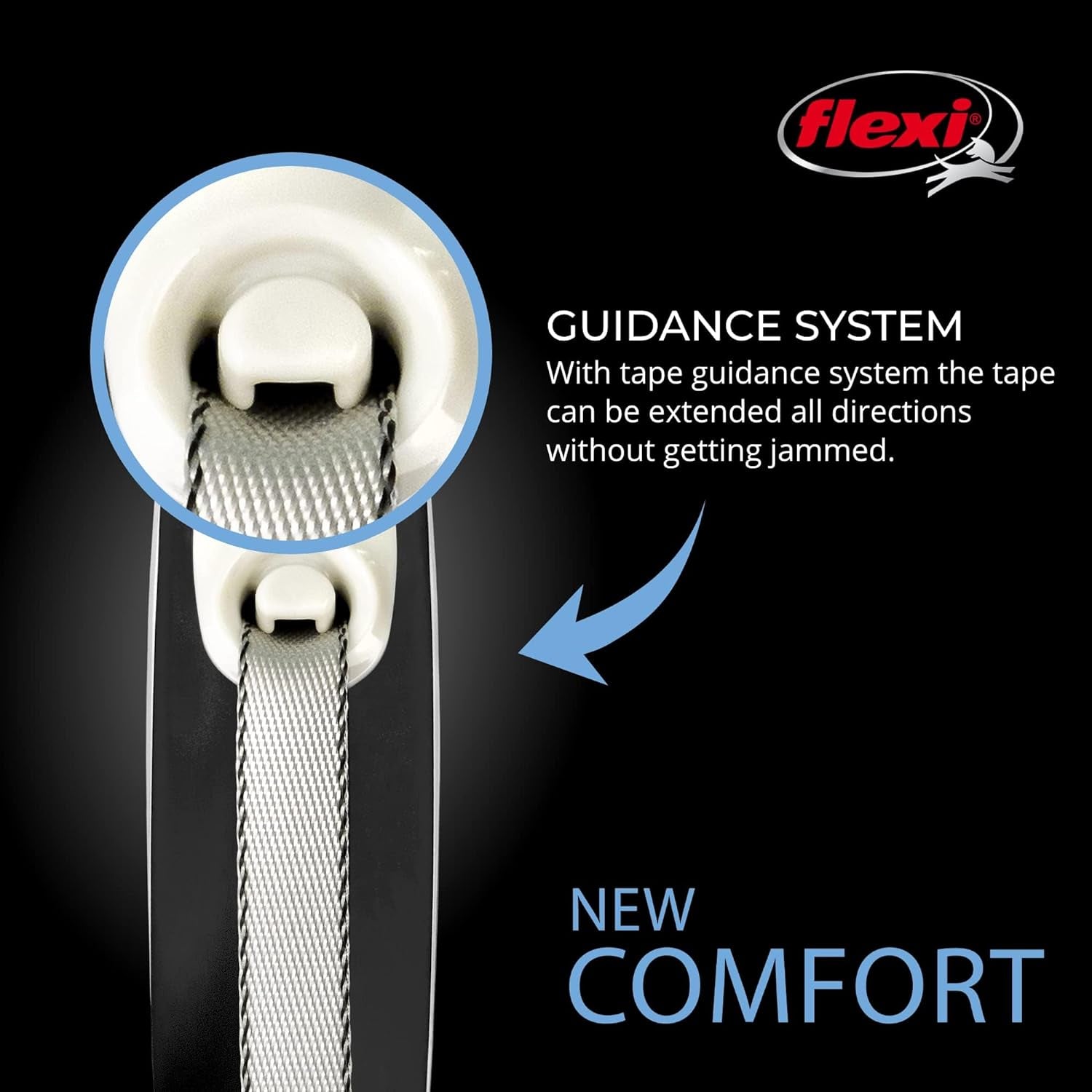 ® New Comfort Tape Retractable Dog Leash for Large Dogs Upto 110 Lbs. – 26 Ft., Nylon, Grey/Black| Tangle Free Pet Walking Leash with One-Handed Brake, Pause, Lock |German Quality Product