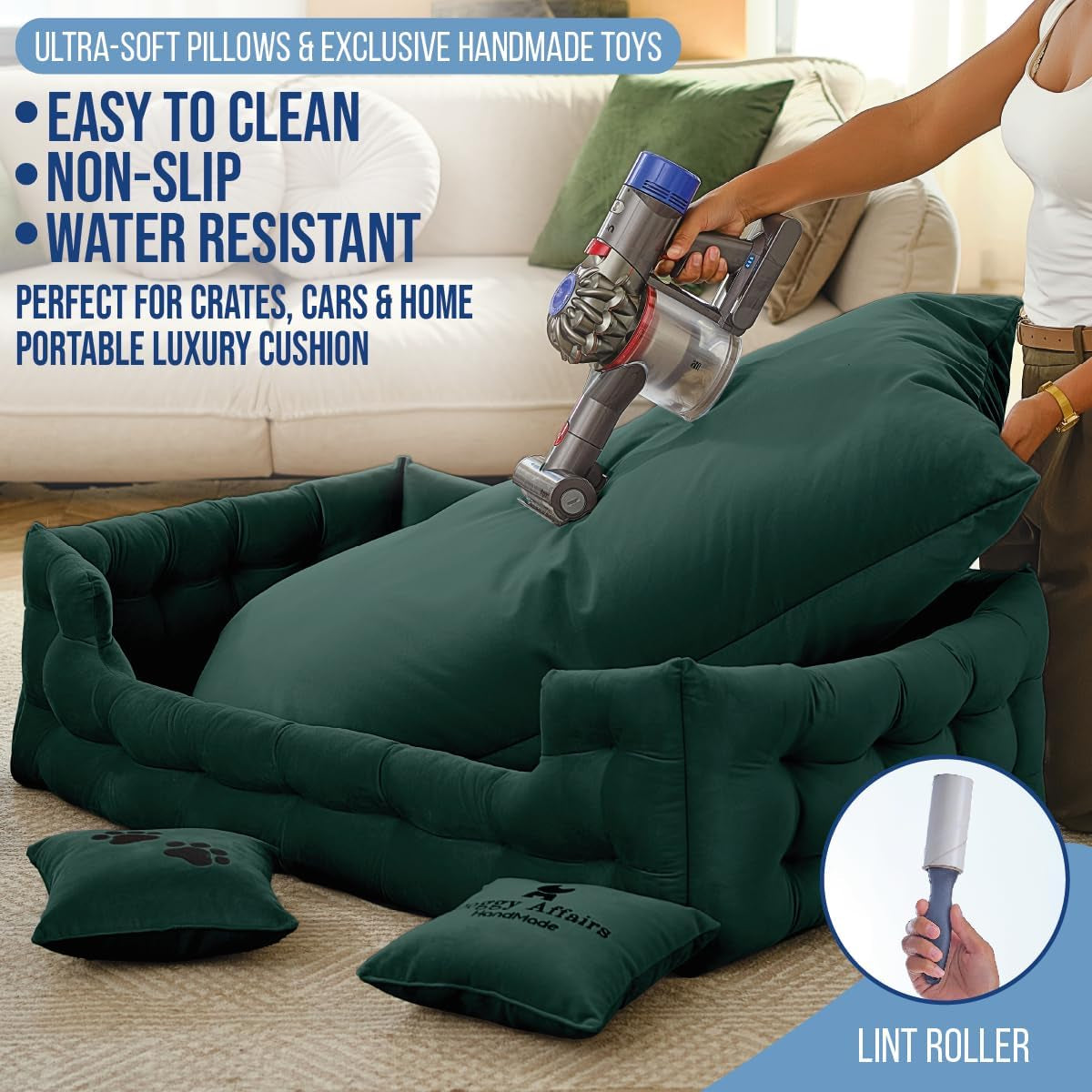 Luxury Handcrafted 5-In-1 Dog and Cat Bed Set | 3X More Durable Washable Elevated Puppy and Kitty Couch with 2 Cushions & 2 Toys – Super Soft Dutch Velvet, Size (44In-28In-12In)