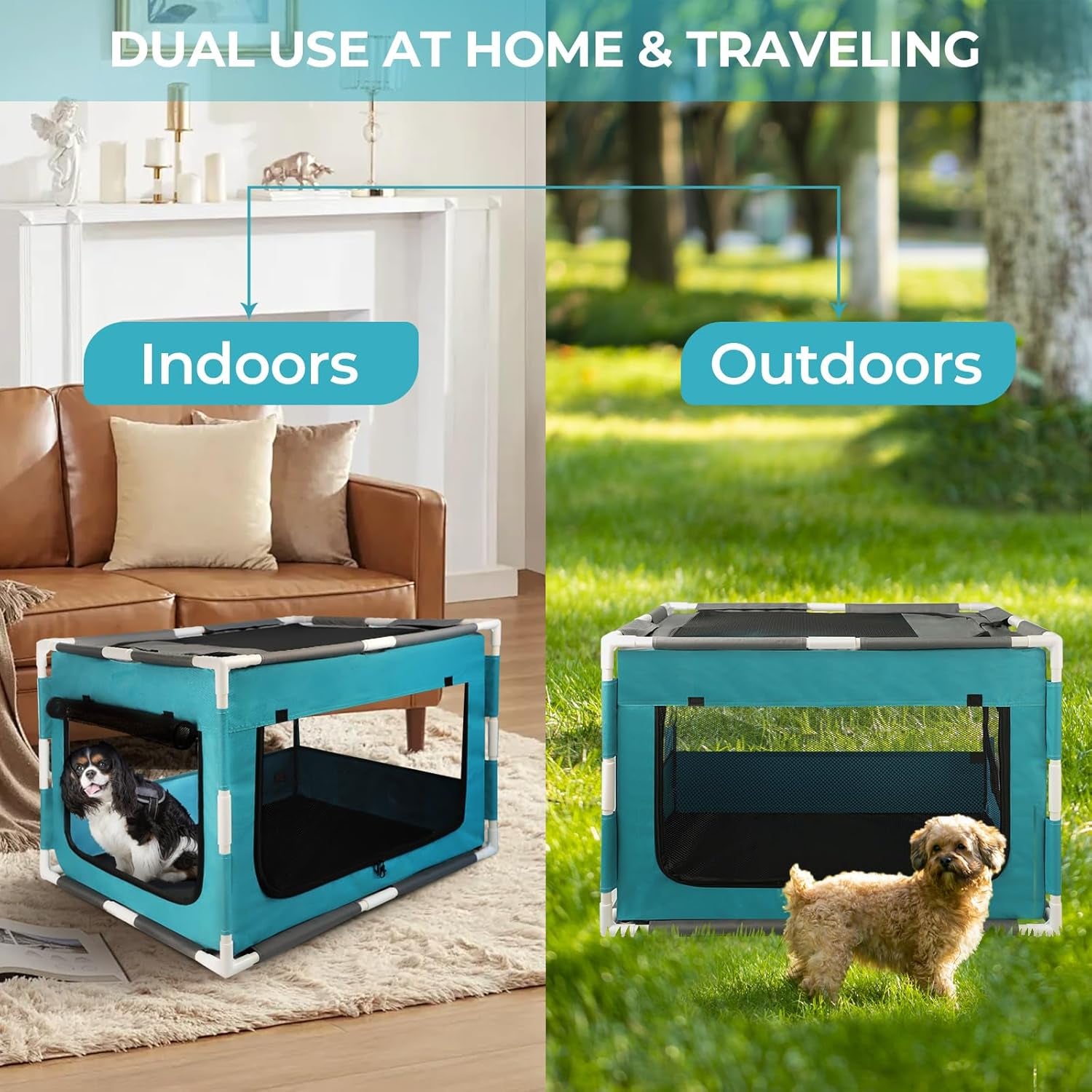 Dog Playpen with PVC Pipe Frame, Rectangular Fabric Mesh Dog Kennel for Indoor/Outdoor Use, Puppy Playpen,Portable Breathable Pet Play Pen for Small Animals,Aqua Blue