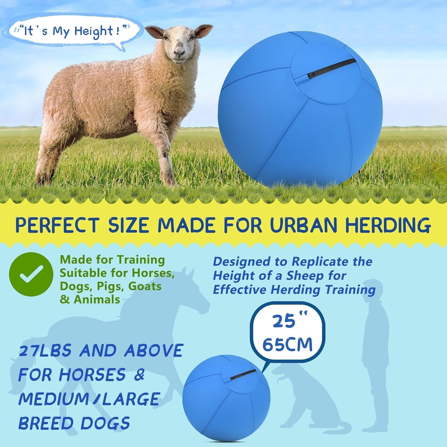 Herding Ball for Dogs and Horses - 18" Jolly Ball for Dogs, Agility Training Equipment, Herding for Australian/German Shepherd, Improved Bite-Resistant, Reinforced Sewing Dog Toys - Blue Medium