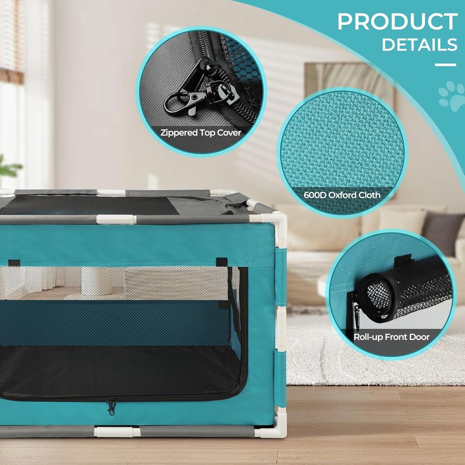 Dog Playpen with PVC Pipe Frame, Rectangular Fabric Mesh Dog Kennel for Indoor/Outdoor Use, Puppy Playpen,Portable Breathable Pet Play Pen for Small Animals,Aqua Blue