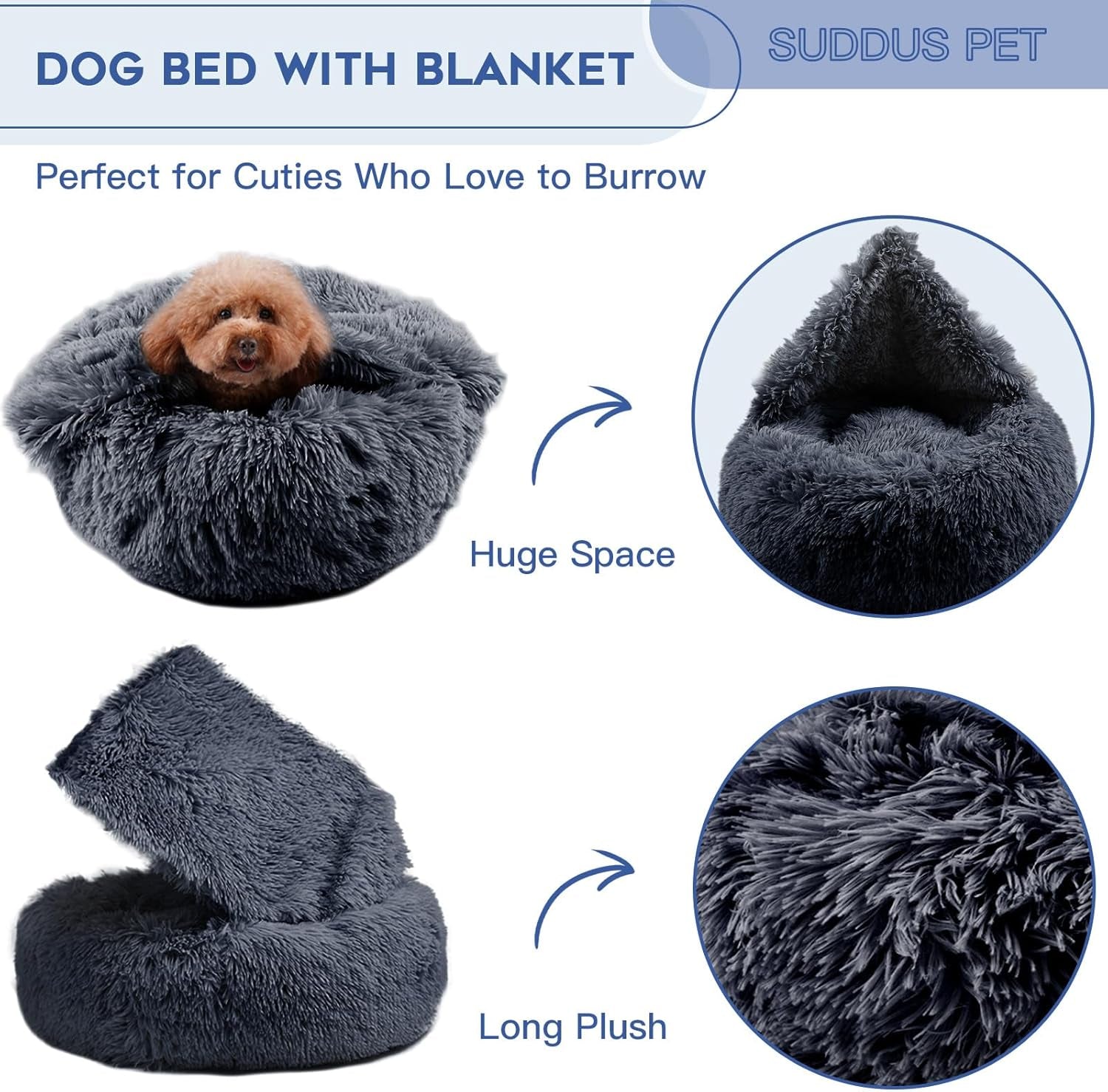 anti Anxiety Dog Bed with Blanket Attached, Hooded Dog Bed for Medium Dogs, round Soft Fluffy Donut Snuggle Dog Bed, Washable, Drak Grey, 26"