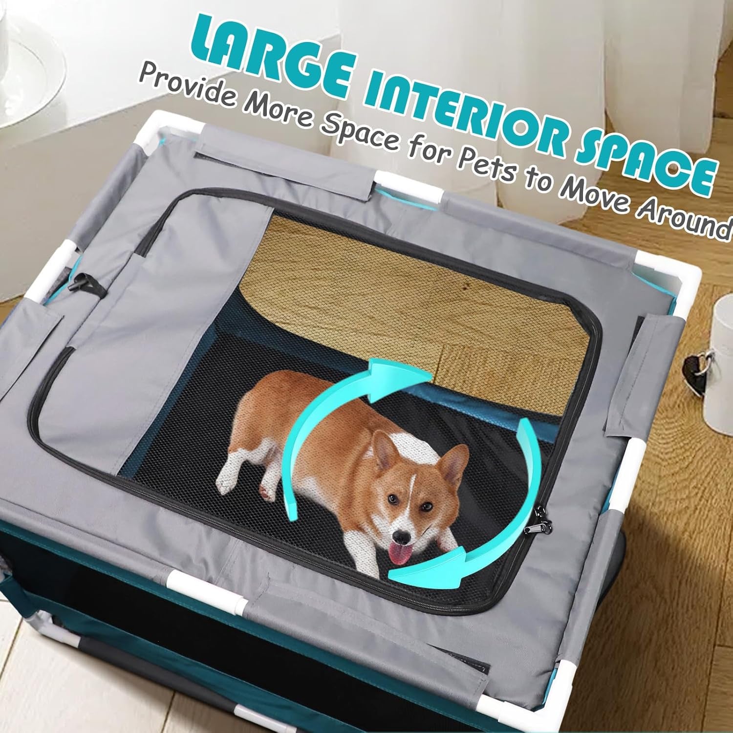 Dog Playpen with PVC Pipe Frame, Rectangular Fabric Mesh Dog Kennel for Indoor/Outdoor Use, Puppy Playpen，Portable Breathable Pet Play Pen for Small Animals，Aqua Blue