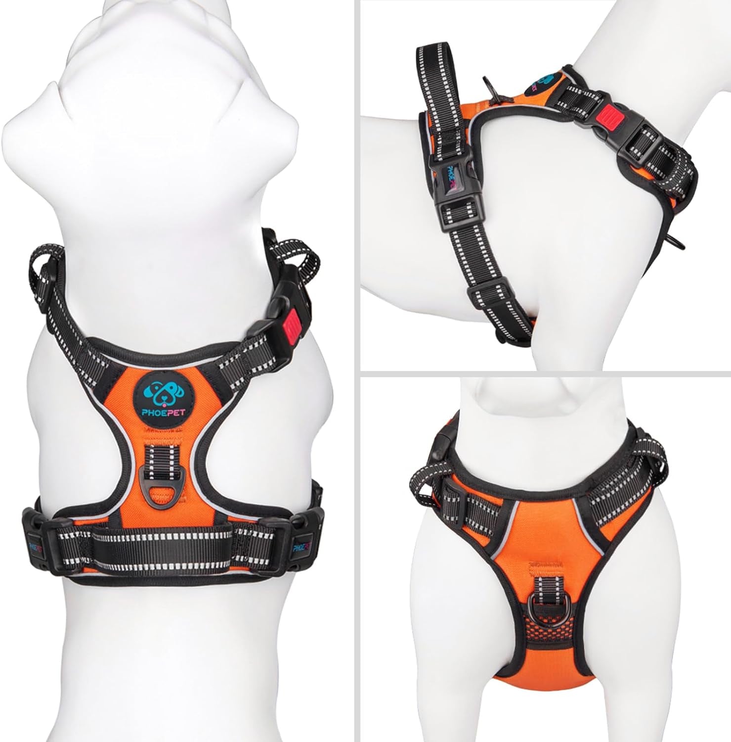 No Pull Dog Harness Medium Reflective Front Clip Vest with Handle,Adjustable 2 Metal Rings 3 Buckles,[Easy to Put on & Take Off](M, Orange)