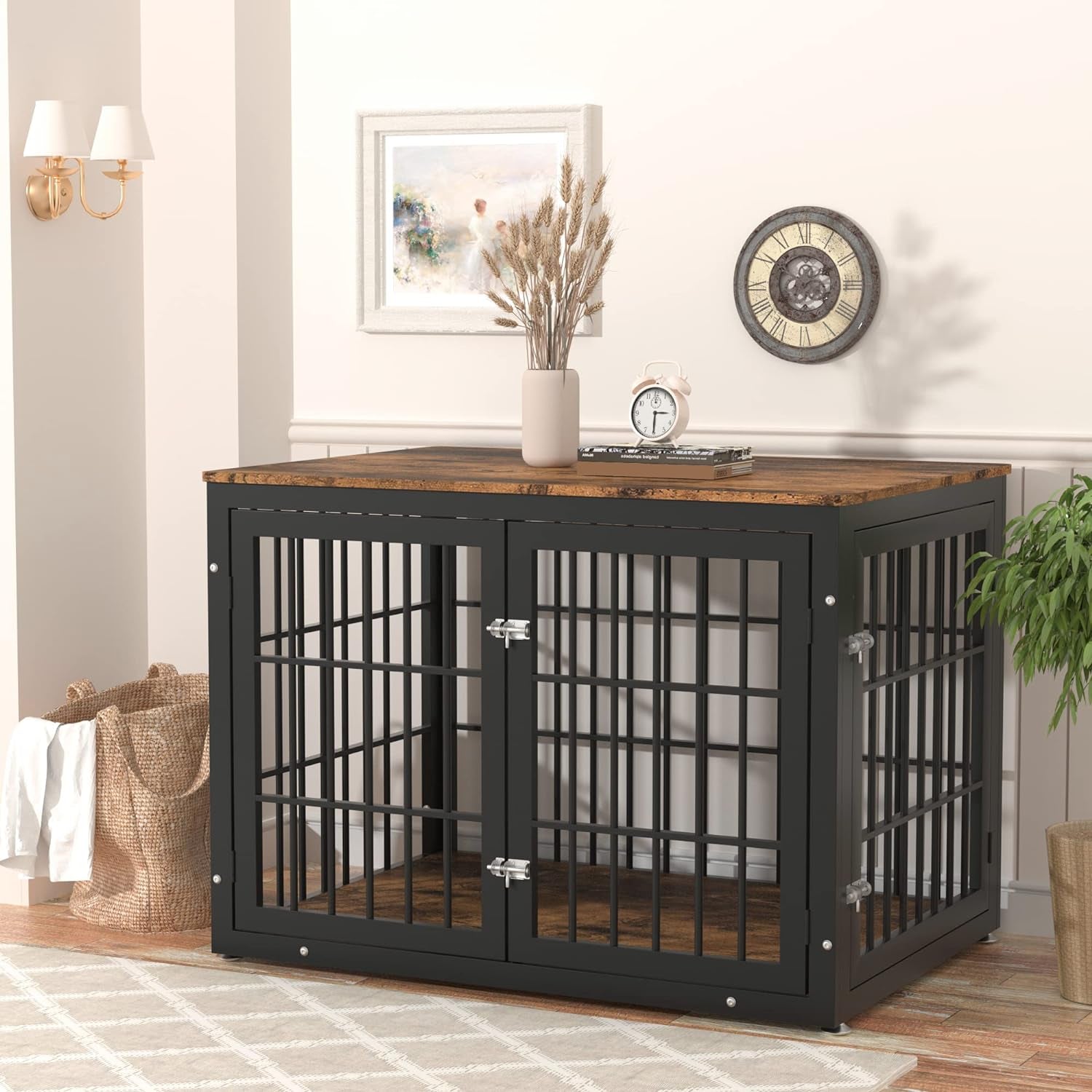 Rustic Heavy Duty Dog Crate Furniture for Large and Medium Dogs, Decorative Pet House End Table, Wooden Cage Kennel Furniture Indoor