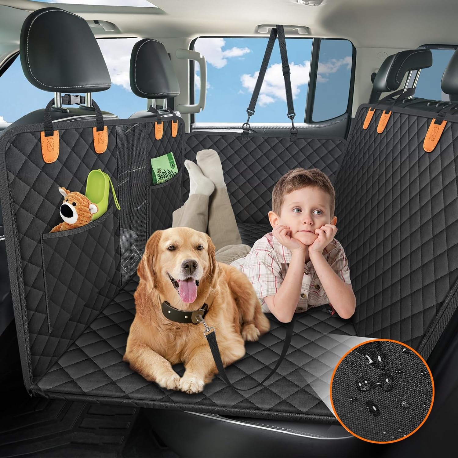 Back Seat Extender for Dogs, Hard Bottom Dog Car Backseat Cover Supports 400Lbs with Mesh Window and Storage Pockets, Waterproof Backseat Dogs Hammock for Pet in Car SUV or Truck