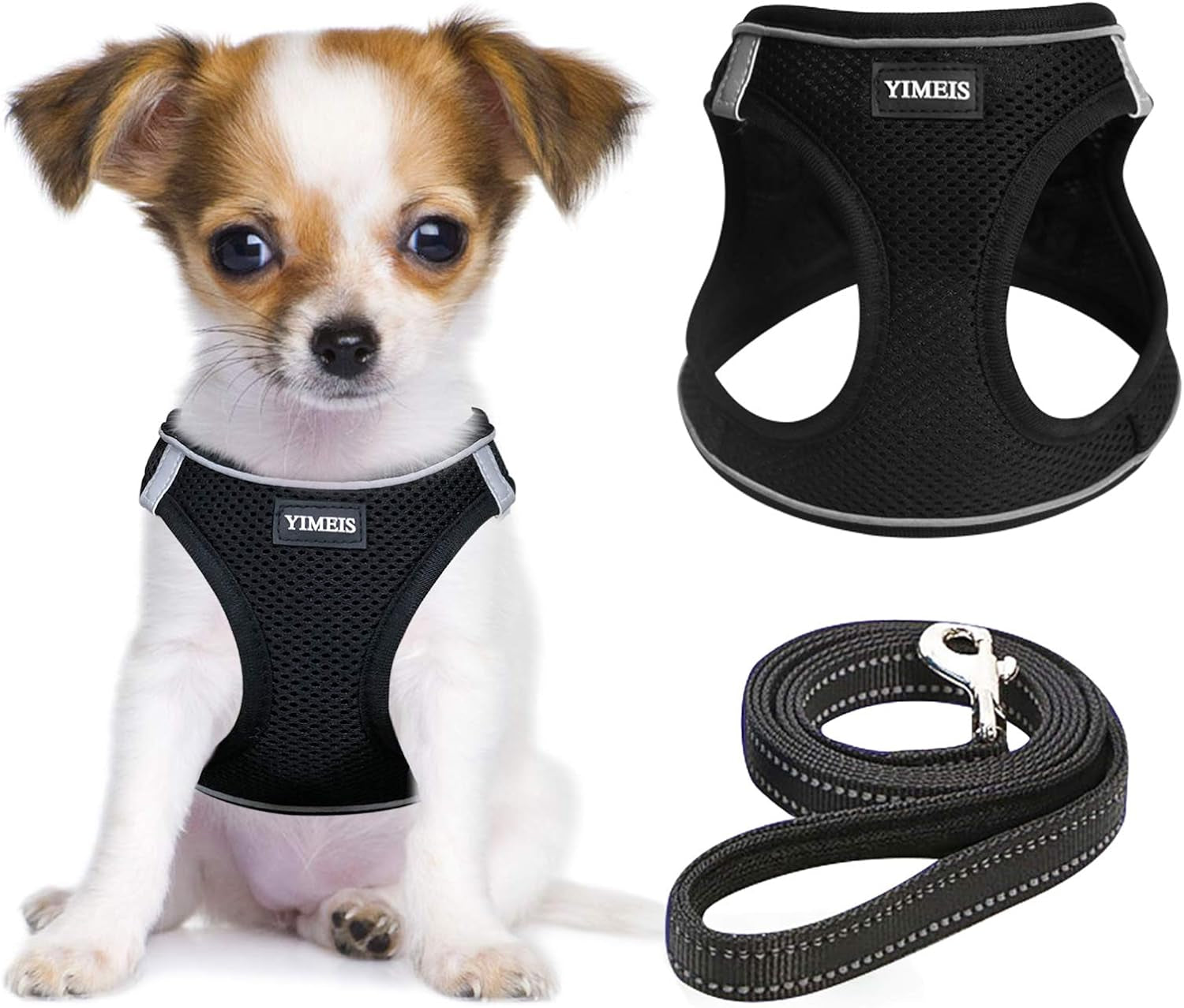 Dog Harness and Leash Set, No Pull Soft Mesh Pet Harness, Reflective Adjustable Puppy Vest for Small Dogs, Cats (XS, Black)