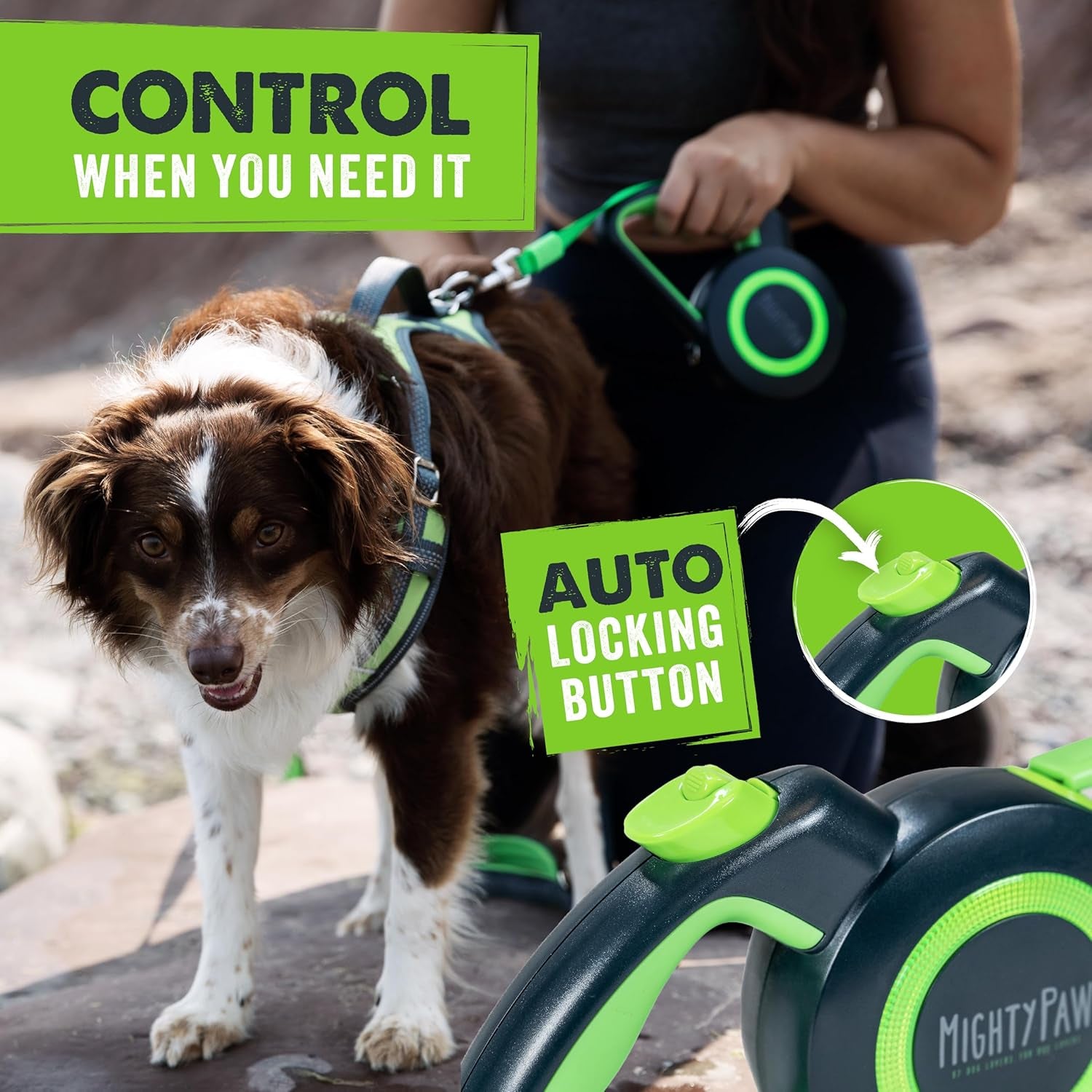 Retractable Dog Leash 2.0 | 16' Heavy Duty Reflective Nylon Tape Lead for Pets up to 0-50 Lbs. Tangle Free Design W/One Touch Quick-Lock Braking System & Anti-Slip Handle (Green/Lite)