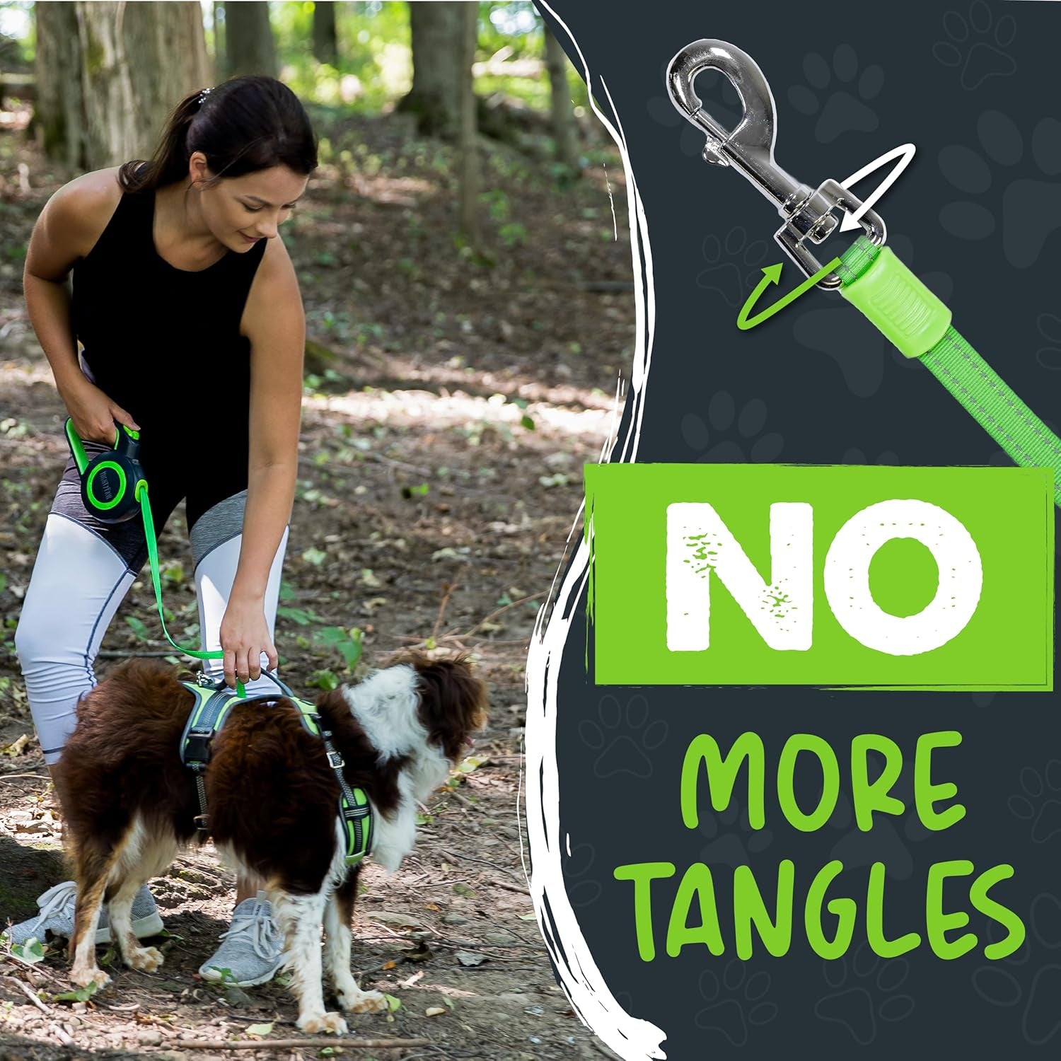 Retractable Dog Leash 2.0 | 16' Heavy Duty Reflective Nylon Tape Lead for Pets up to 0-50 Lbs. Tangle Free Design W/One Touch Quick-Lock Braking System & Anti-Slip Handle (Green/Lite)