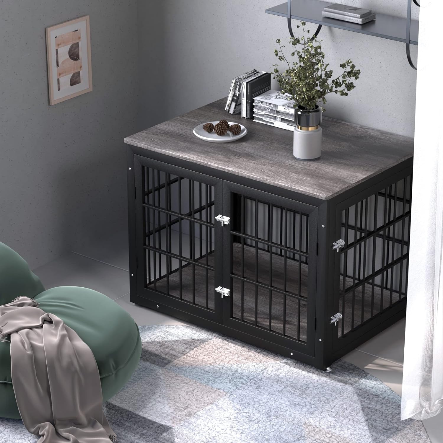 Heavy Duty Dog Crate Furniture for Large and Medium Dogs, Decorative Pet House End Table, Wooden Cage Kennel Furniture Indoor, Gray