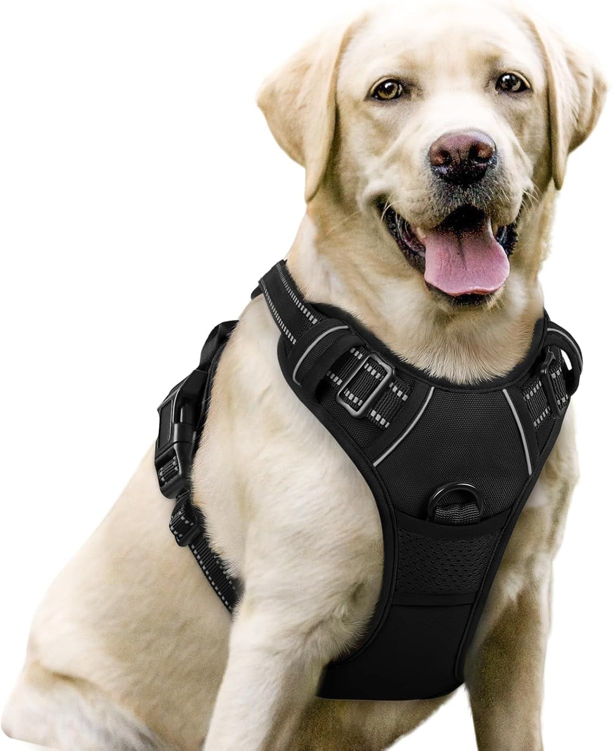 Dog Harness No Pull with 2 Leash Clips, Adjustable Soft Padded, Reflective Oxford No Choke Pet Vest with Easy Control Handle for Large Dogs, Black, L