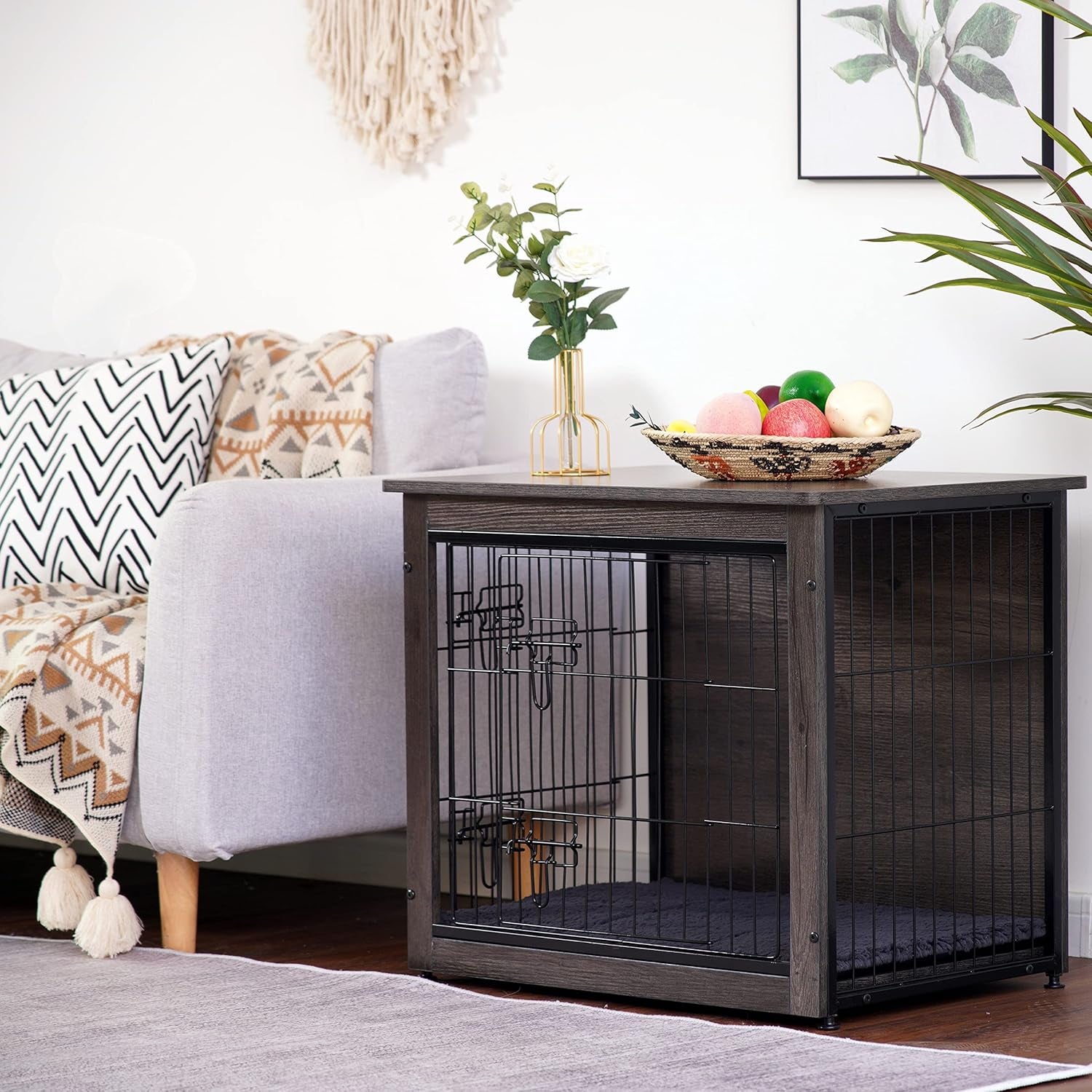 Dog Crate Furniture with Cushion, Wooden Crate with Double Doors, Dog Kennel Indoor for Small/Medium/Large Dog, End Table, Small, 27.2" L, Dark Grey