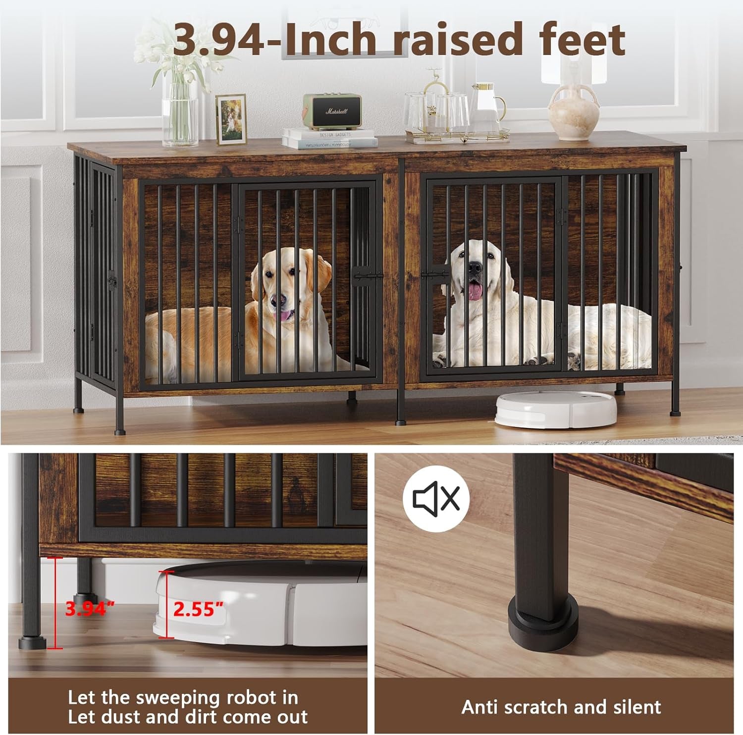 78 Inch Dog Cage Furniture for 2 Dogs, Extra Large Double Dog Crate Furniture Large Breed, XXL Thick Wooden Dog Crate Furniture TV Stand, Sturdy Dog Kennel Furniture Dog Crate with Divider