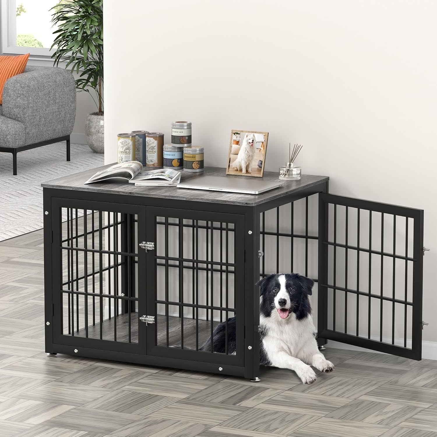 Heavy Duty Dog Crate Furniture for Large and Medium Dogs, Decorative Pet House End Table, Wooden Cage Kennel Furniture Indoor, Gray