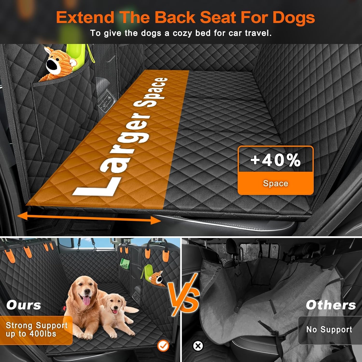 Back Seat Extender for Dogs, Hard Bottom Dog Car Backseat Cover Supports 400Lbs with Mesh Window and Storage Pockets, Waterproof Backseat Dogs Hammock for Pet in Car SUV or Truck