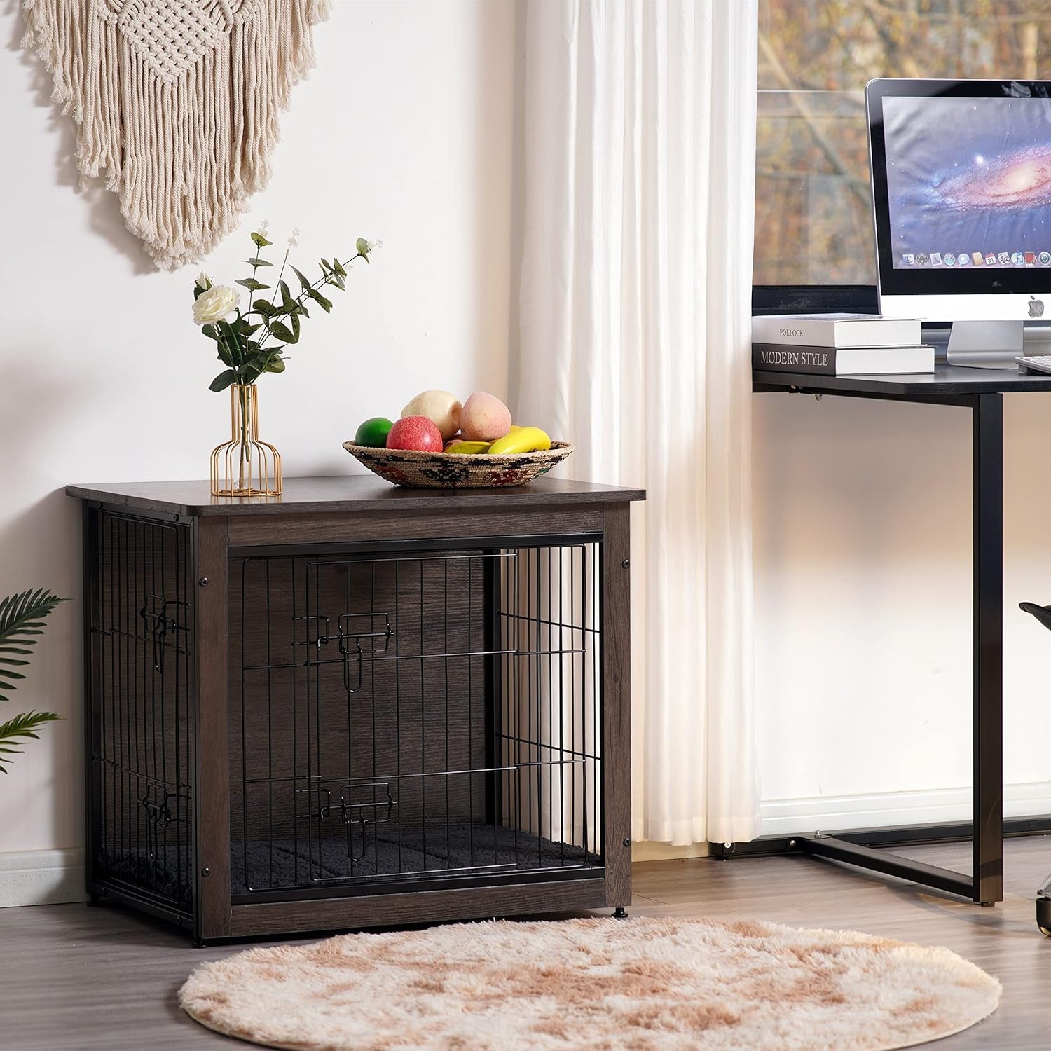 Dog Crate Furniture with Cushion, Wooden Crate with Double Doors, Dog Kennel Indoor for Small/Medium/Large Dog, End Table, Small, 27.2" L, Dark Grey