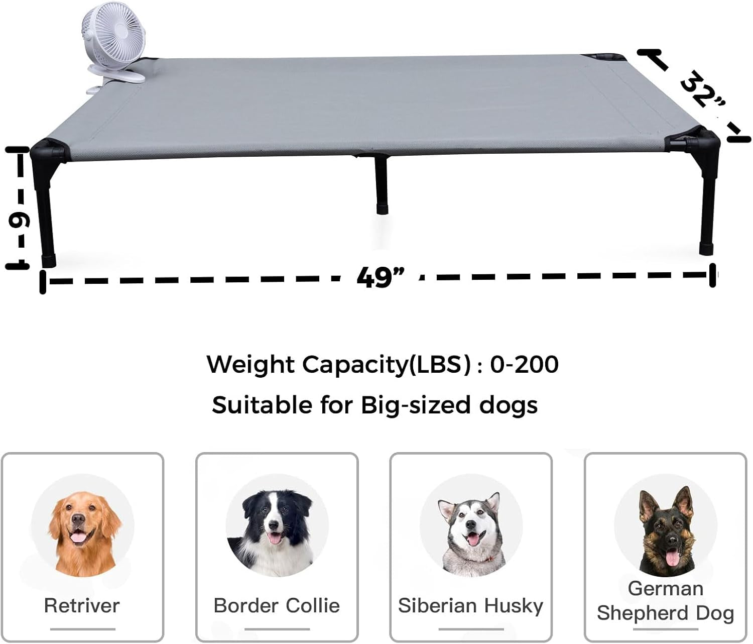 Cooling Elevated Dog Bed for Extra-Large Dog, Raised Dog Hammock Bed off Ground,Outside Dog Cot Bed for Indoor and Outdoor & 6-Inch Portable Clip Convertible Fan (Grey, X-Large)