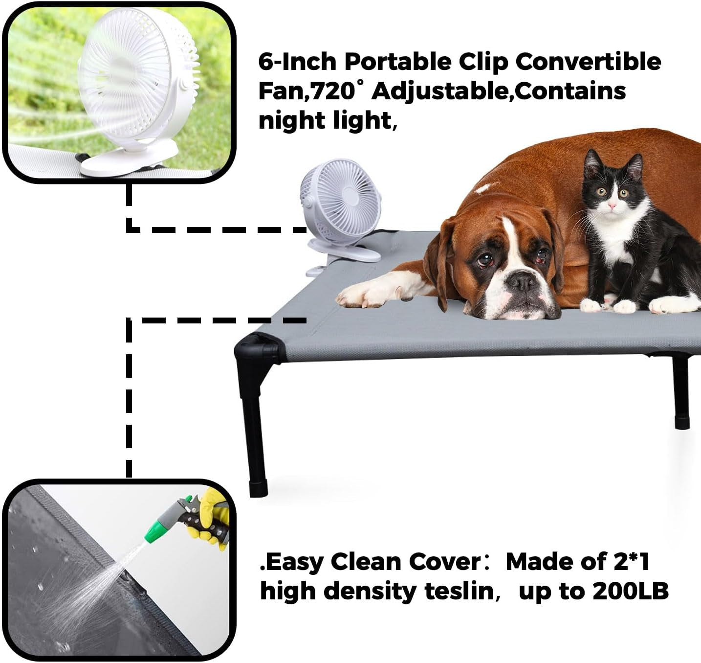 Cooling Elevated Dog Bed for Extra-Large Dog, Raised Dog Hammock Bed off Ground,Outside Dog Cot Bed for Indoor and Outdoor & 6-Inch Portable Clip Convertible Fan (Grey, X-Large)