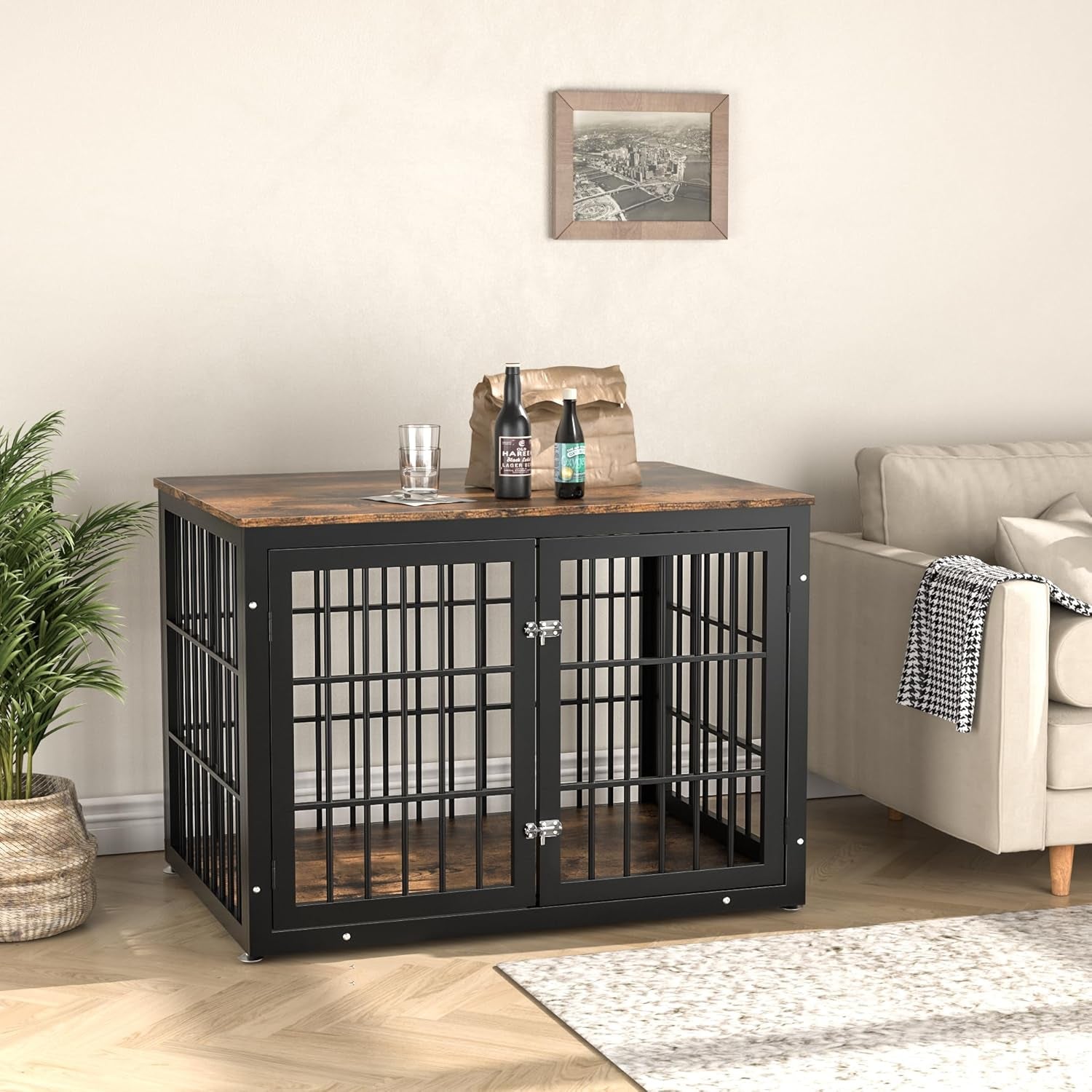 Rustic Heavy Duty Dog Crate Furniture for Large and Medium Dogs, Decorative Pet House End Table, Wooden Cage Kennel Furniture Indoor