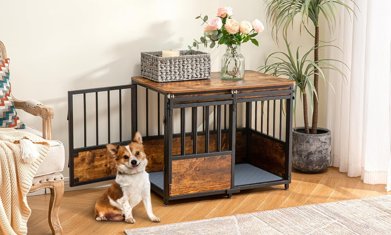 32 Inch Dog Crate Furniture with Cushion for Large Medium Dogs, Wooden Heavy Duty Dog Kennel with Double Doors, Decorative Pet House Dog Cage Side End Table Indoor, Sliding Door Chew-Resistant