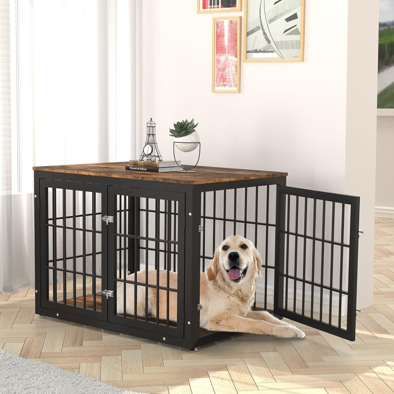 Rustic Heavy Duty Dog Crate Furniture for Large and Medium Dogs, Decorative Pet House End Table, Wooden Cage Kennel Furniture Indoor