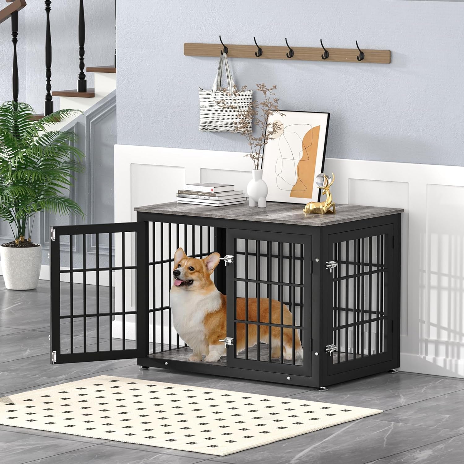 Heavy Duty Dog Crate Furniture for Large and Medium Dogs, Decorative Pet House End Table, Wooden Cage Kennel Furniture Indoor, Gray