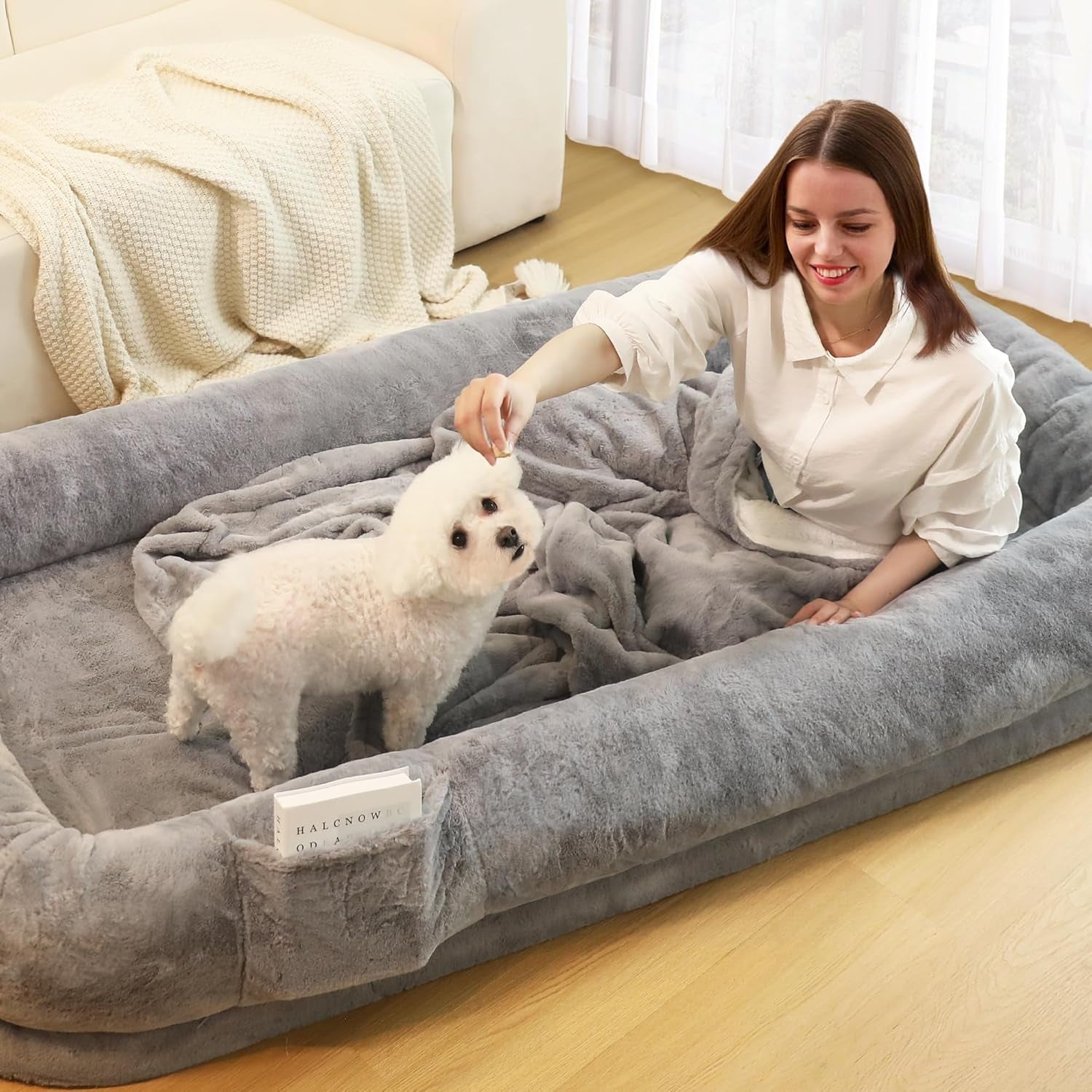 Human Dog Bed for Adults, 71" Long Human Size Dog Bed, Removable Cover, Washable, Waterproof, Orthopedic Design [Light Grey]