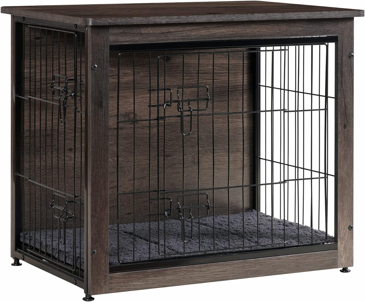 Dog Crate Furniture with Cushion, Wooden Crate with Double Doors, Dog Kennel Indoor for Small/Medium/Large Dog, End Table, Small, 27.2" L, Dark Grey