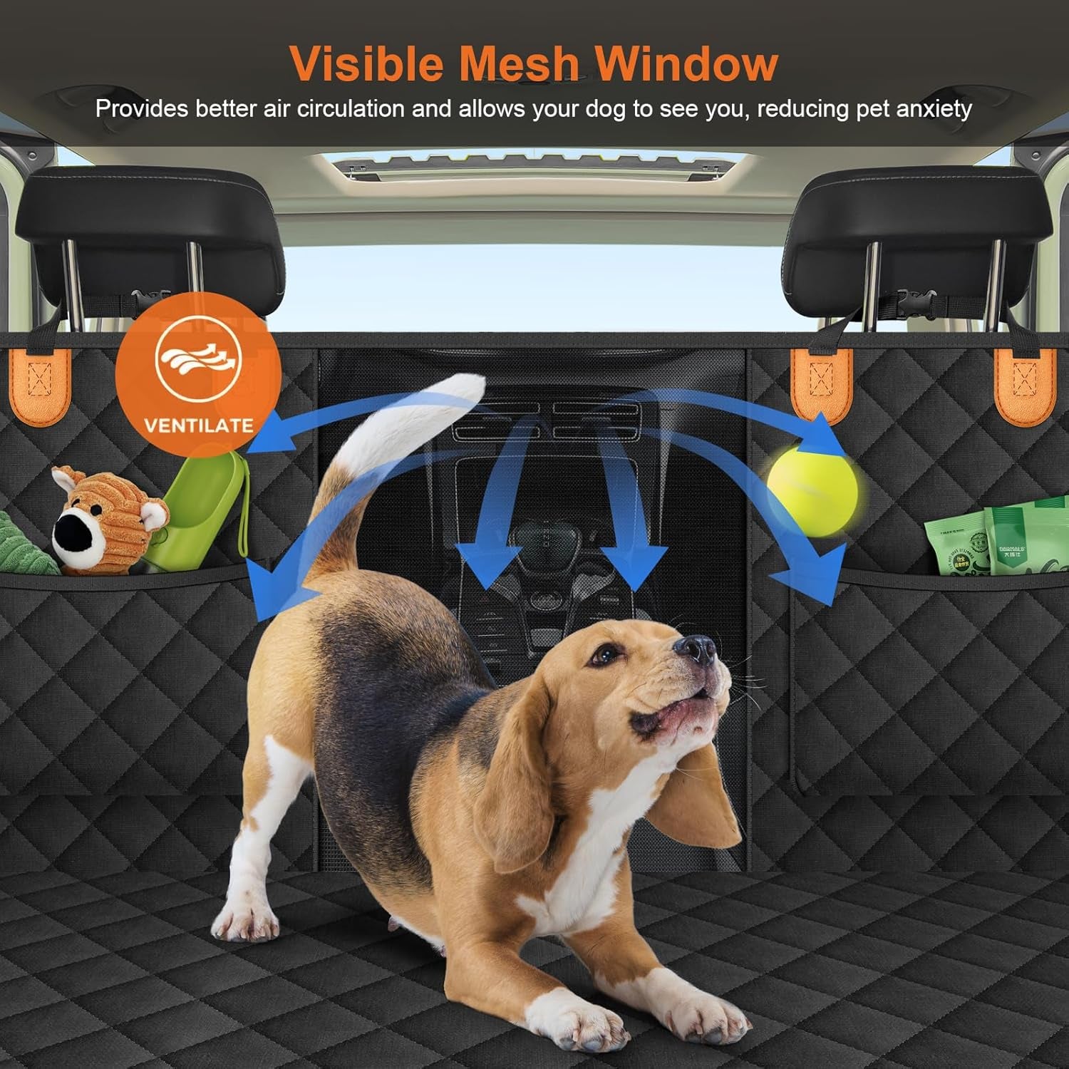Back Seat Extender for Dogs, Hard Bottom Dog Car Backseat Cover Supports 400Lbs with Mesh Window and Storage Pockets, Waterproof Backseat Dogs Hammock for Pet in Car SUV or Truck