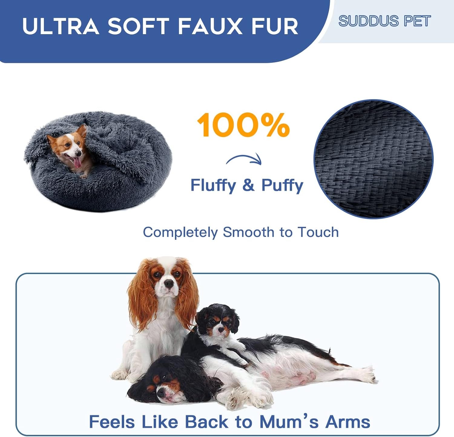 anti Anxiety Dog Bed with Blanket Attached, Hooded Dog Bed for Medium Dogs, round Soft Fluffy Donut Snuggle Dog Bed, Washable, Drak Grey, 26"