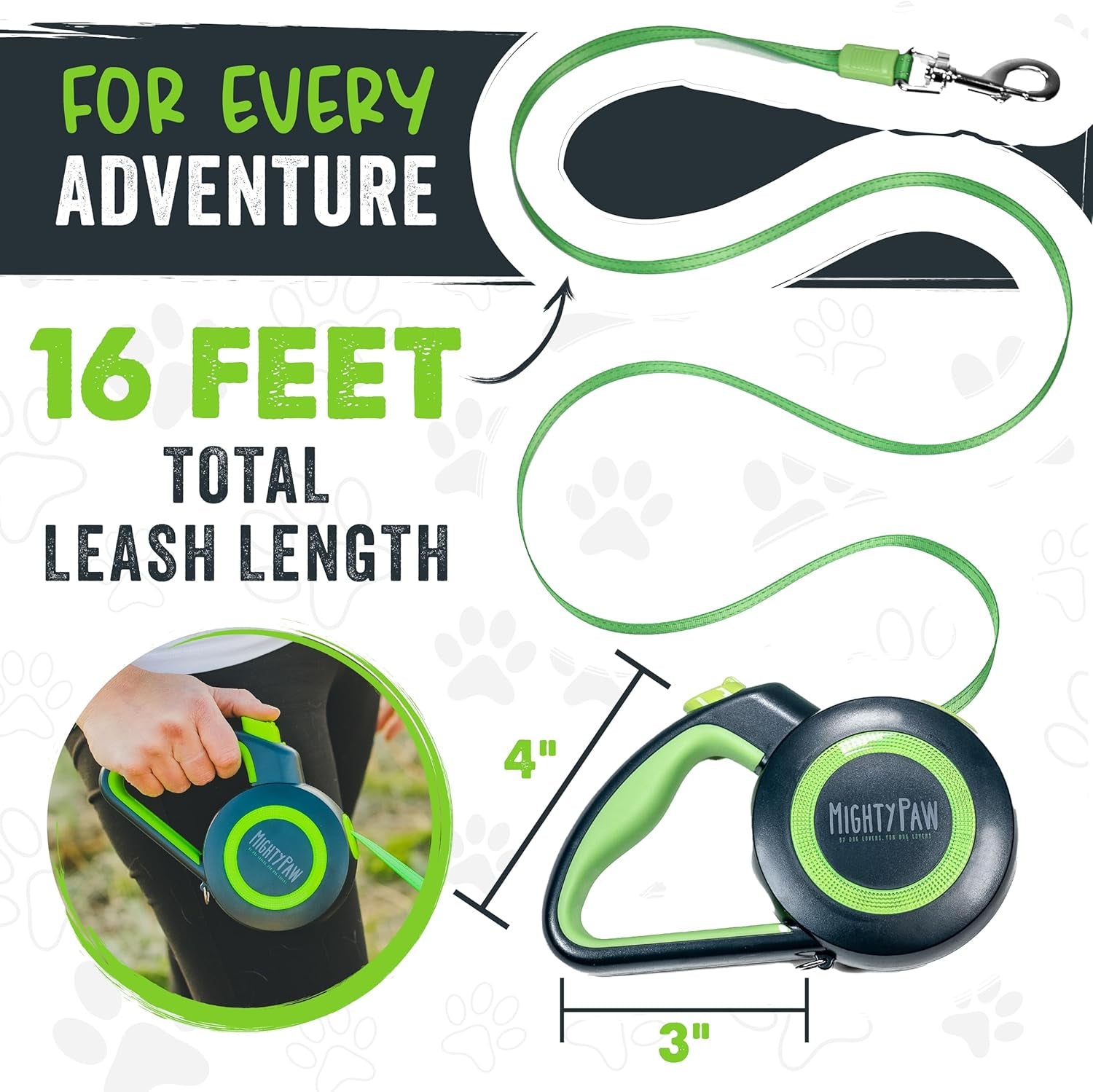 Retractable Dog Leash 2.0 | 16' Heavy Duty Reflective Nylon Tape Lead for Pets up to 0-50 Lbs. Tangle Free Design W/One Touch Quick-Lock Braking System & Anti-Slip Handle (Green/Lite)