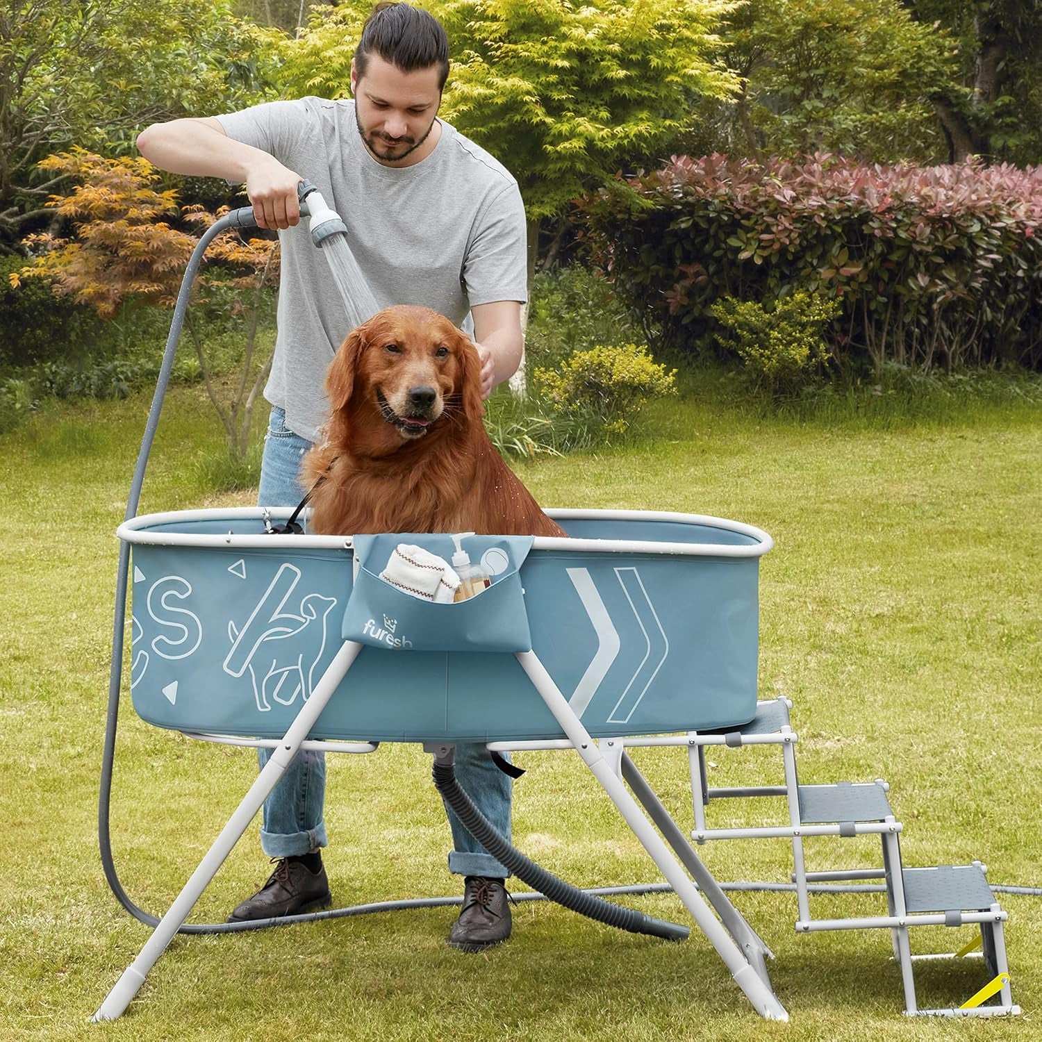 Big Dipper Dog Bath Tub with Stairs, Elevated Portable Foldable Wash Station with Steps for Bathing, Shower and Grooming, Indoor, Outdoor, for Medium to Large Size Dogs