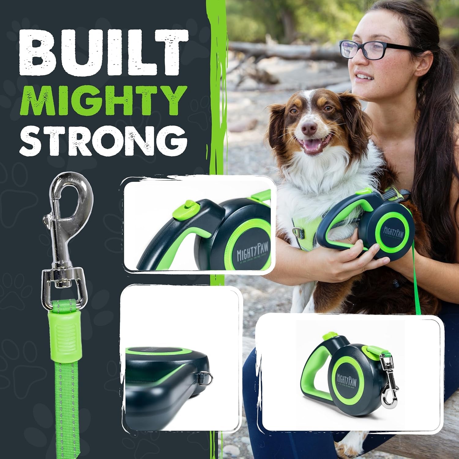 Retractable Dog Leash 2.0 | 16' Heavy Duty Reflective Nylon Tape Lead for Pets up to 0-50 Lbs. Tangle Free Design W/One Touch Quick-Lock Braking System & Anti-Slip Handle (Green/Lite)