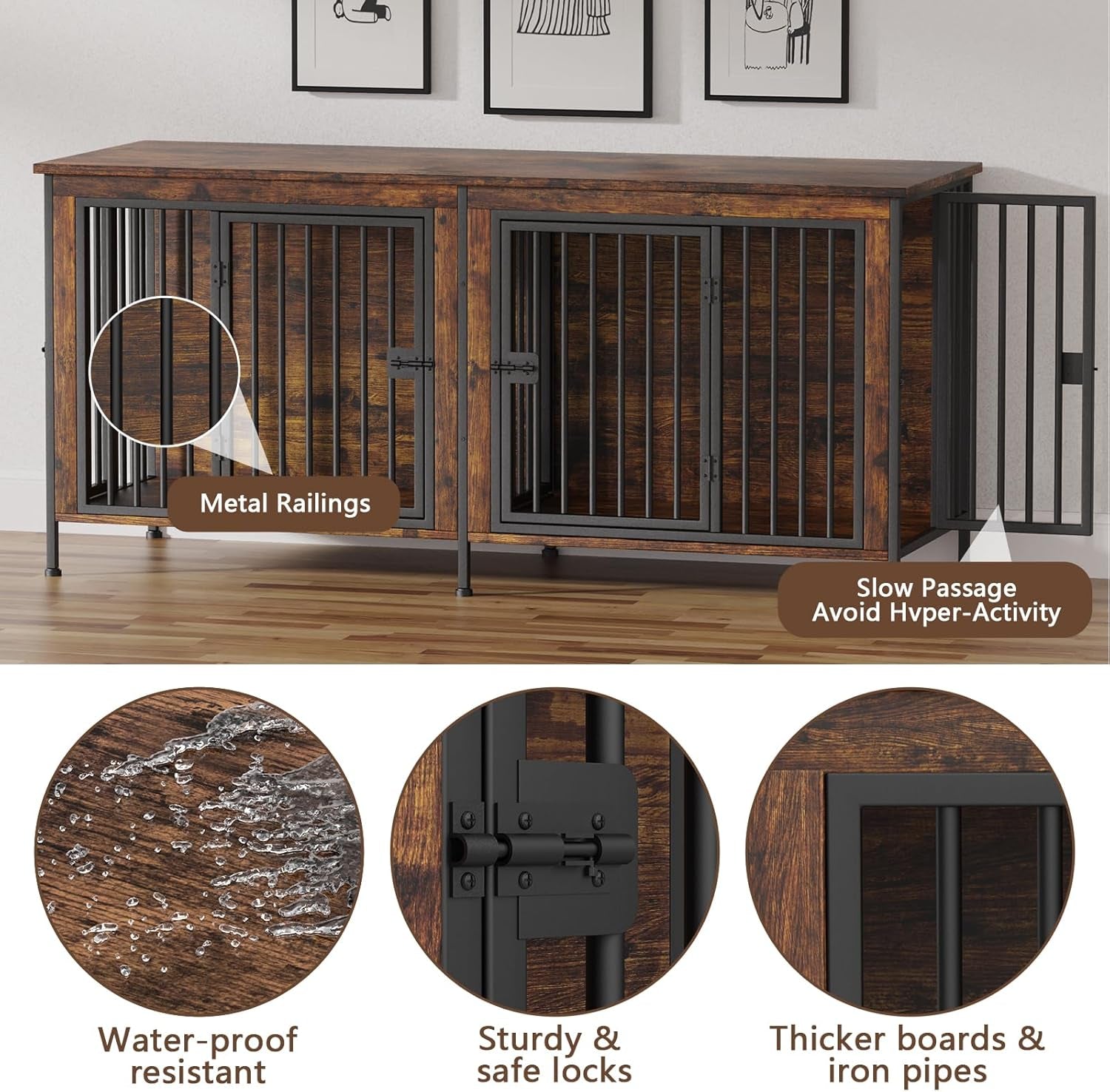 78 Inch Dog Cage Furniture for 2 Dogs, Extra Large Double Dog Crate Furniture Large Breed, XXL Thick Wooden Dog Crate Furniture TV Stand, Sturdy Dog Kennel Furniture Dog Crate with Divider