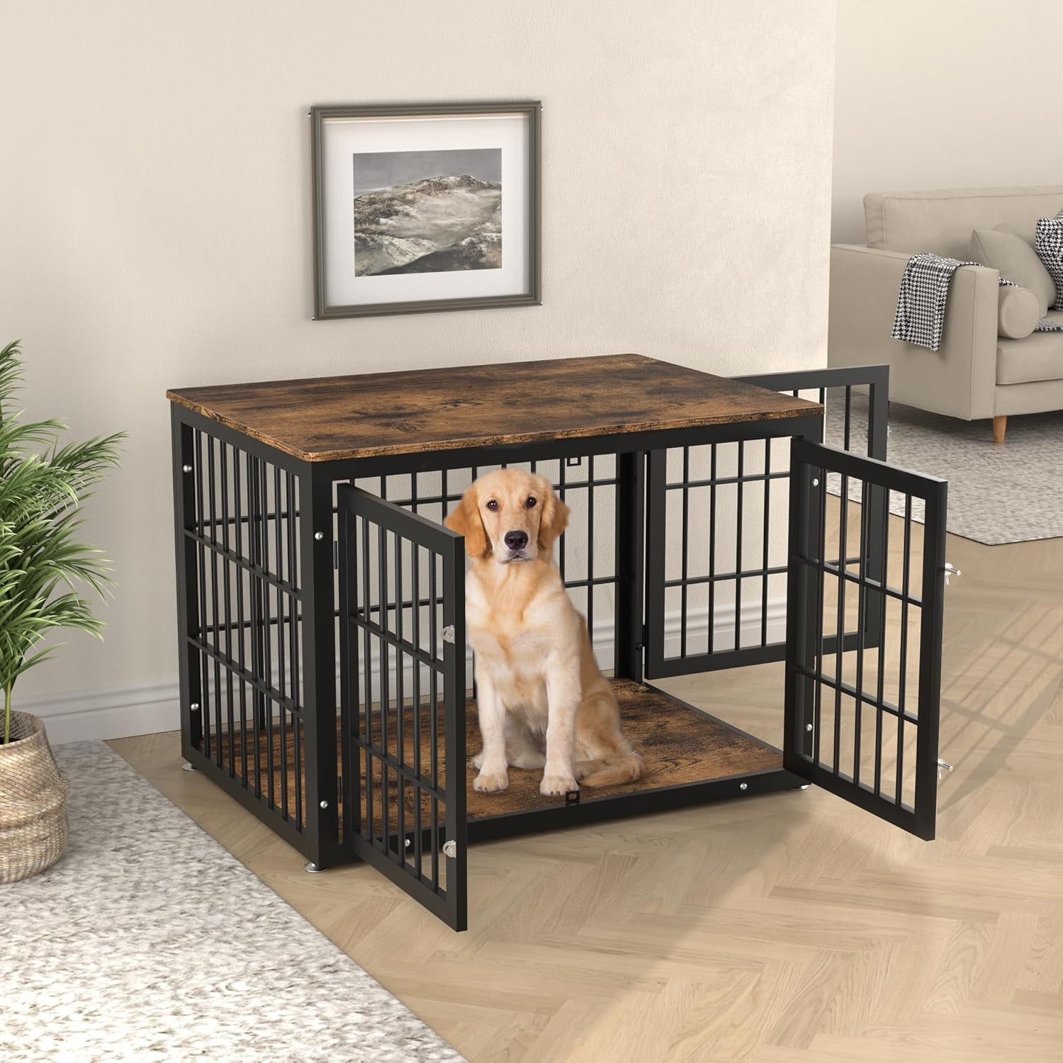 Rustic Heavy Duty Dog Crate Furniture for Large and Medium Dogs, Decorative Pet House End Table, Wooden Cage Kennel Furniture Indoor