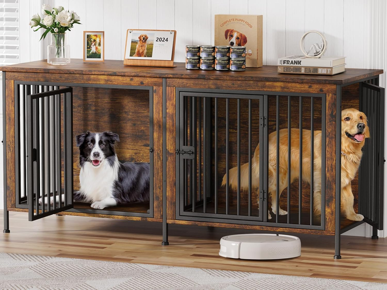 78 Inch Dog Cage Furniture for 2 Dogs, Extra Large Double Dog Crate Furniture Large Breed, XXL Thick Wooden Dog Crate Furniture TV Stand, Sturdy Dog Kennel Furniture Dog Crate with Divider