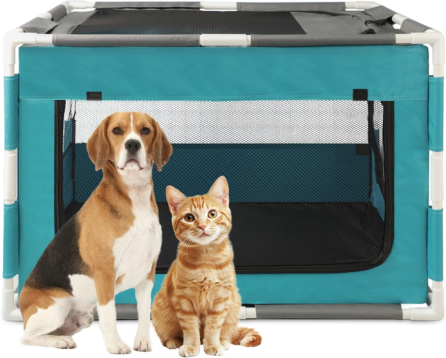 Dog Playpen with PVC Pipe Frame, Rectangular Fabric Mesh Dog Kennel for Indoor/Outdoor Use, Puppy Playpen，Portable Breathable Pet Play Pen for Small Animals，Aqua Blue