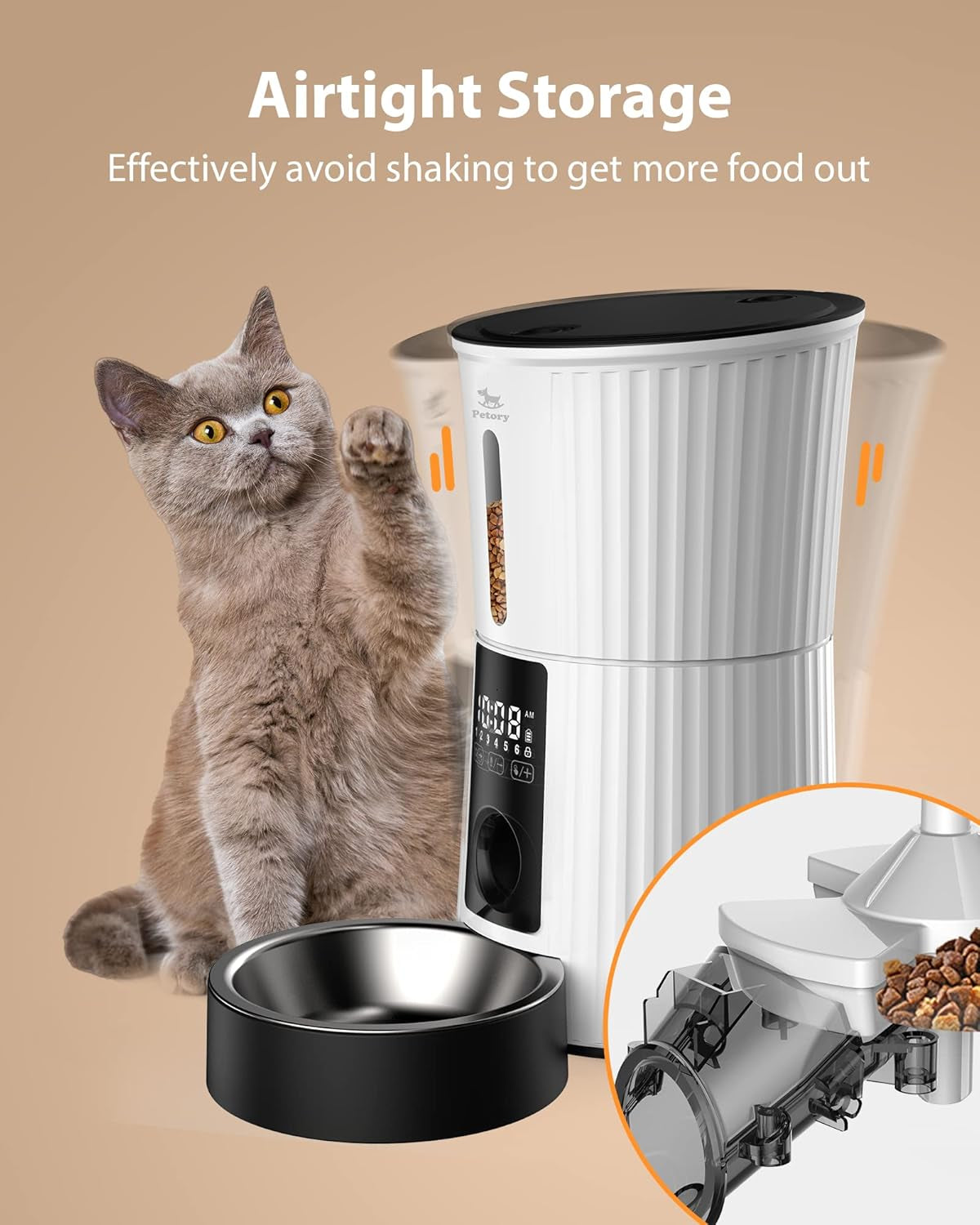 Timed Automatic Cat Feeders - 4L Programable Dry Food Dispenser for Cats and Small Medium Dogs 6 Meals with Desiccant Bag Dual Power Supply 10S Voice Recorder