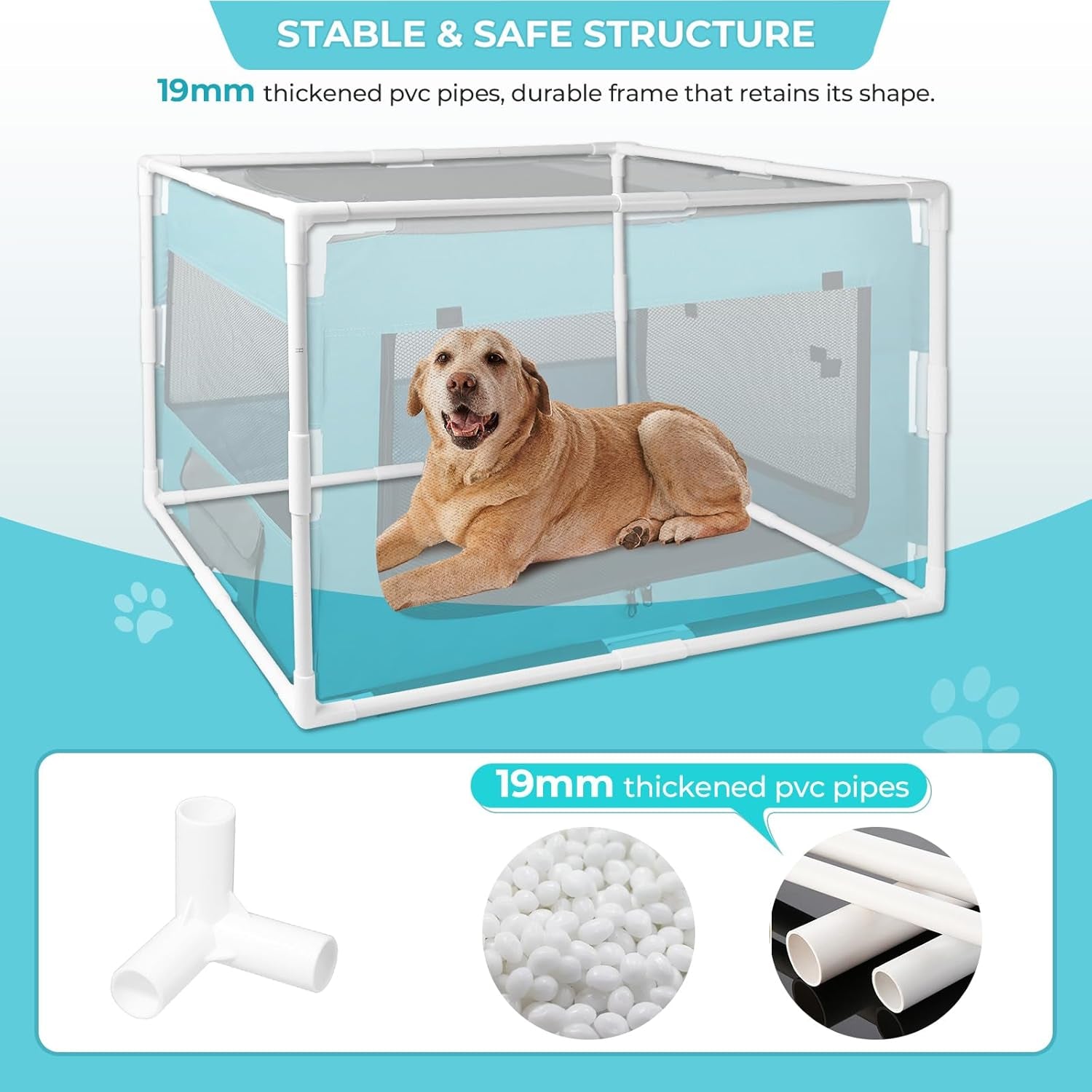 Dog Playpen with PVC Pipe Frame, Rectangular Fabric Mesh Dog Kennel for Indoor/Outdoor Use, Puppy Playpen，Portable Breathable Pet Play Pen for Small Animals，Aqua Blue