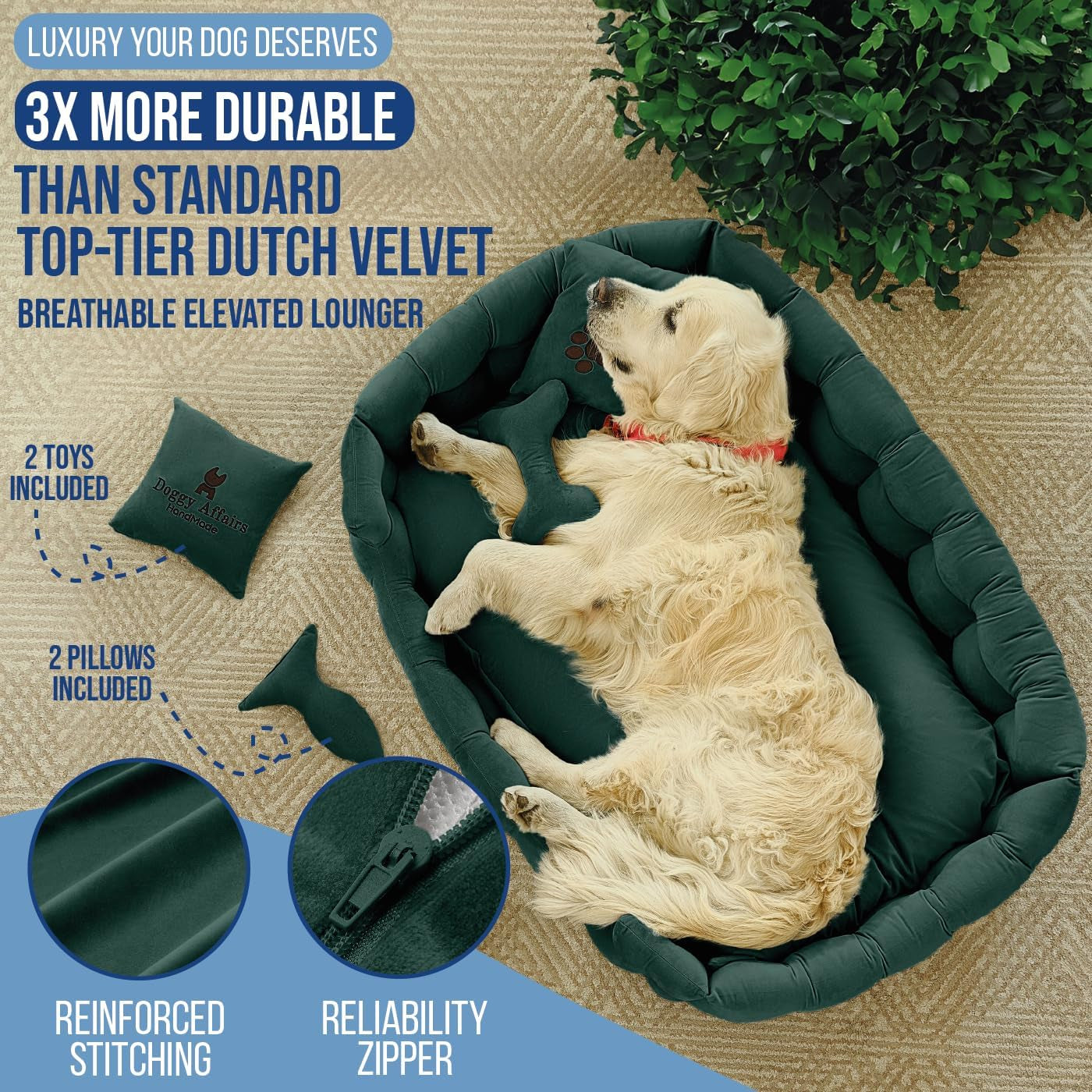 Luxury Handcrafted 5-In-1 Dog and Cat Bed Set | 3X More Durable Washable Elevated Puppy and Kitty Couch with 2 Cushions & 2 Toys – Super Soft Dutch Velvet, Size (44In-28In-12In)