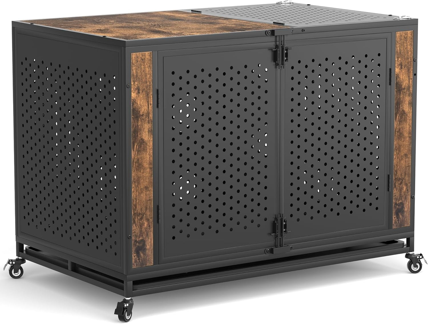 48" Heavy Duty Dog Crate Furniture for Extra Large Dogs, Enclosed Design with 0.5 Inch Holes, Indestructible Metal Kennel for High Anxiety Dogs, Chew Proof Pet Cage House Indoor, Brown