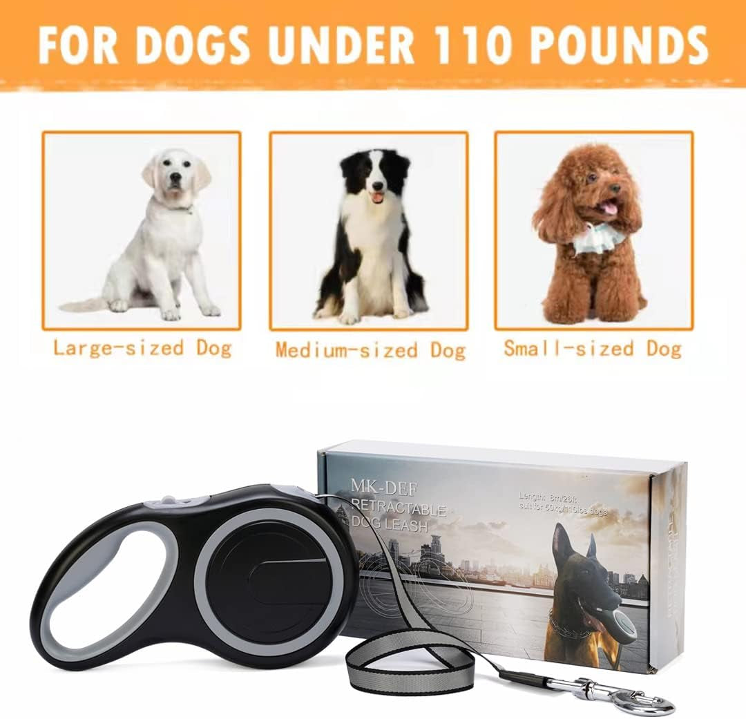 26Ft Retractable Dog Leash, Heavy Duty Great Leash for Dog up to 110 Lbs, Anti-Slip Rubberized Handle, One-Handed Brake, Strong Nylon Tape, Tangle Free——