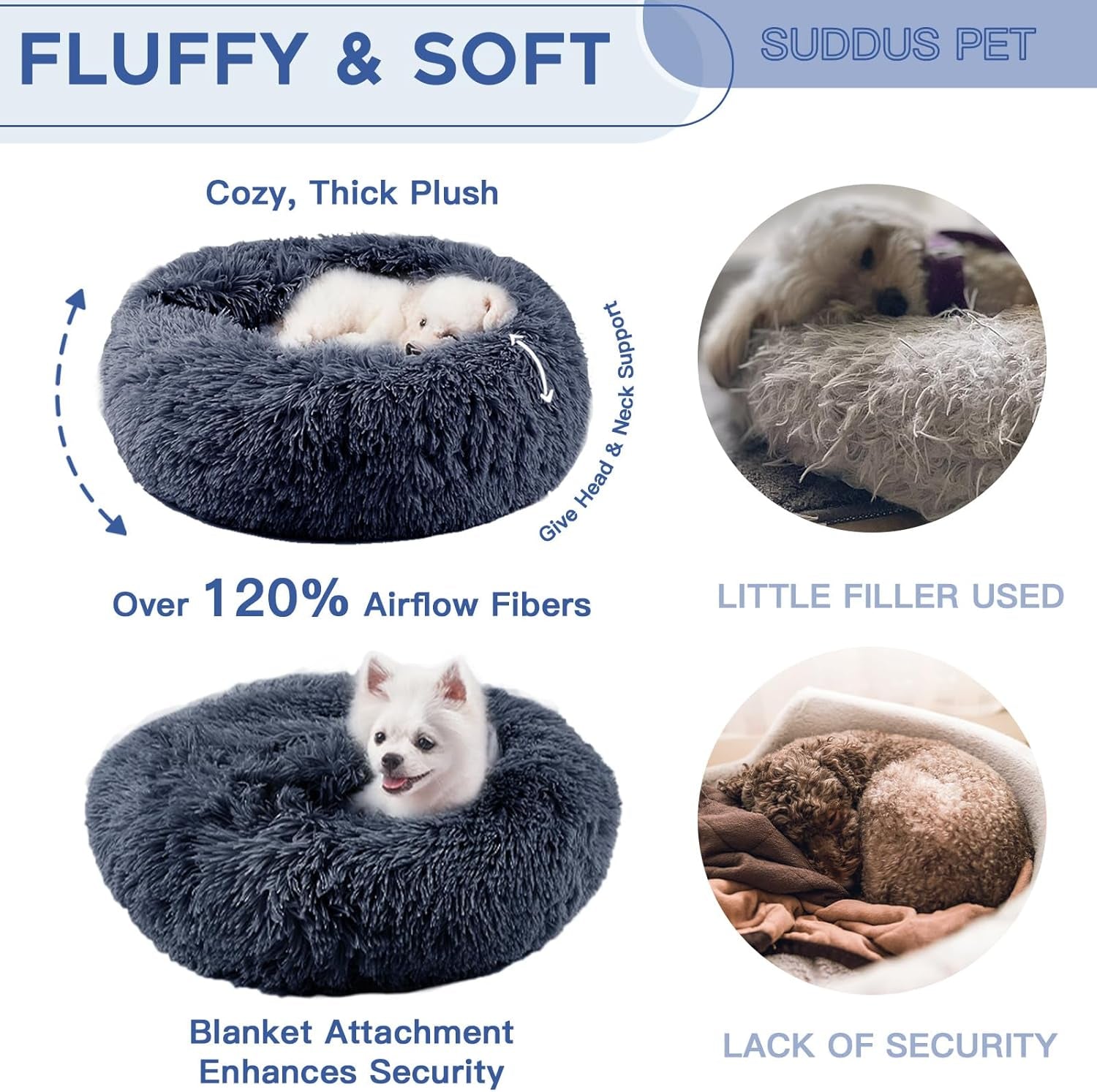 anti Anxiety Dog Bed with Blanket Attached, Hooded Dog Bed for Medium Dogs, round Soft Fluffy Donut Snuggle Dog Bed, Washable, Drak Grey, 26"