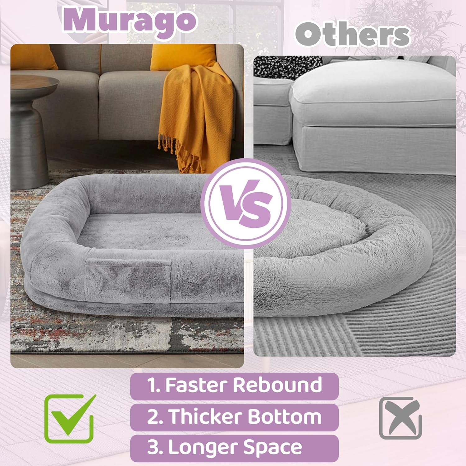 Human Dog Bed for Adults, 71" Long Human Size Dog Bed, Removable Cover, Washable, Waterproof, Orthopedic Design [Light Grey]