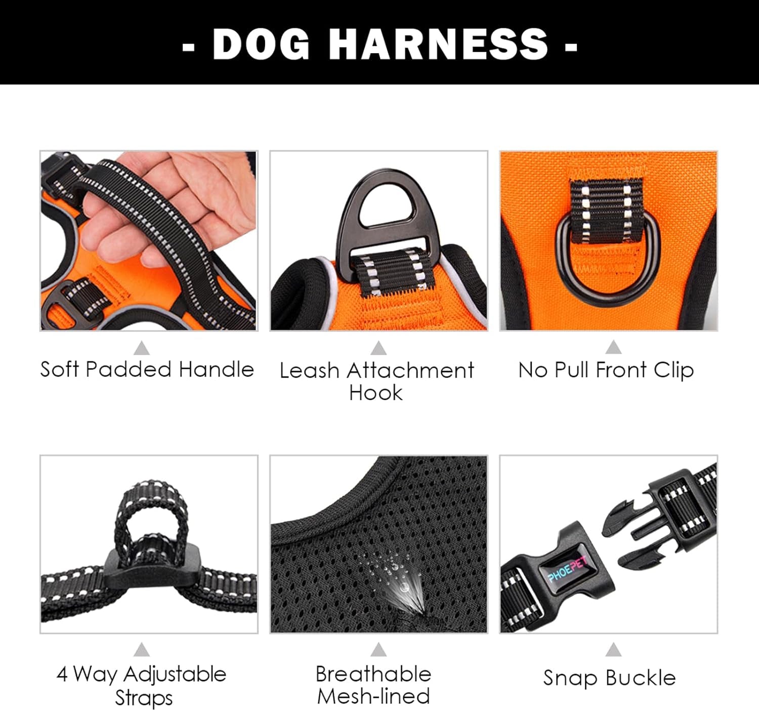 No Pull Dog Harness Medium Reflective Front Clip Vest with Handle,Adjustable 2 Metal Rings 3 Buckles,[Easy to Put on & Take Off](M, Orange)