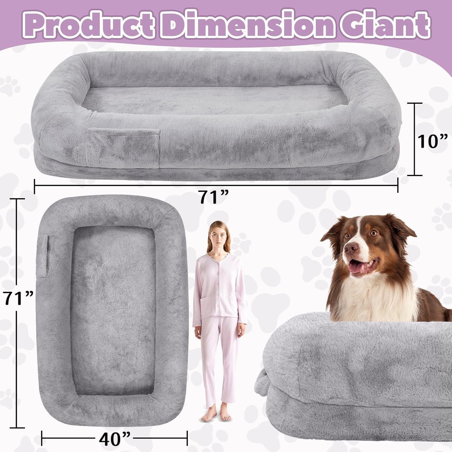 Human Dog Bed for Adults, 71" Long Human Size Dog Bed, Removable Cover, Washable, Waterproof, Orthopedic Design [Light Grey]