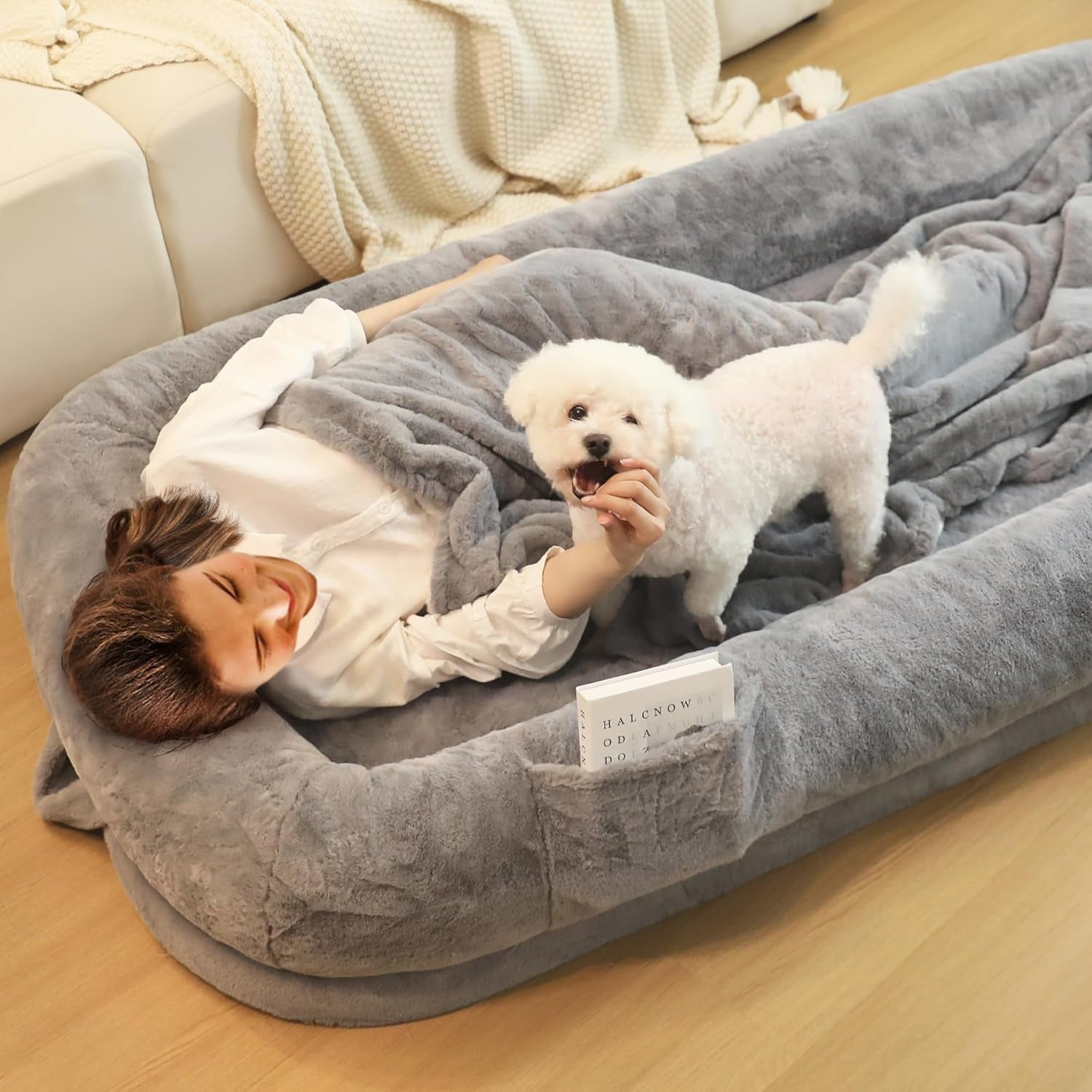 Human Dog Bed for Adults, 71" Long Human Size Dog Bed, Removable Cover, Washable, Waterproof, Orthopedic Design [Light Grey]