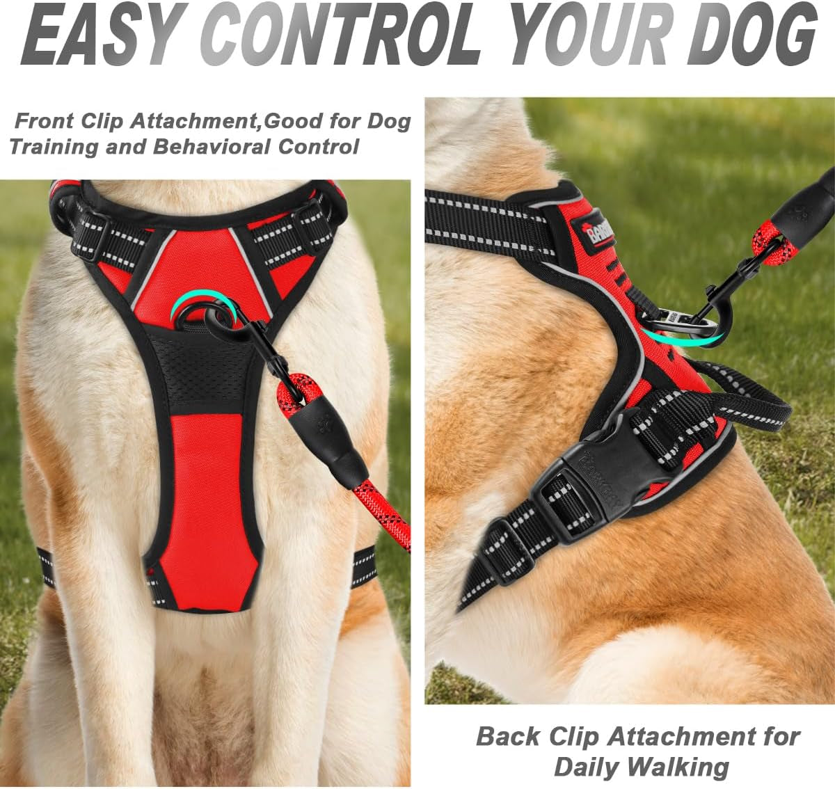 No Pull Dog Harness Front Clip Heavy Duty Reflective Easy Control Handle for Large Dog Walking(Red,L)